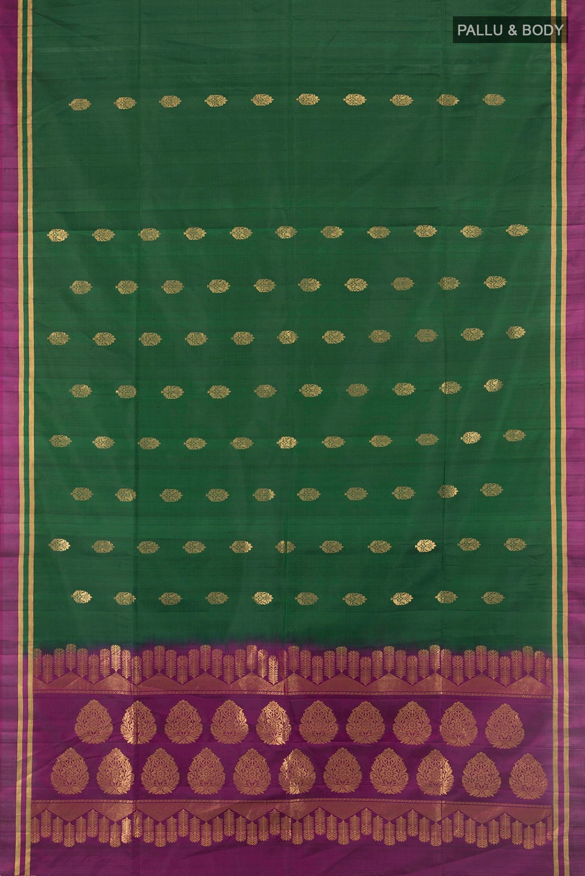 Flat view of Pure Silk Green Soft Saree with Zari Butta on the body and Plain Border. 