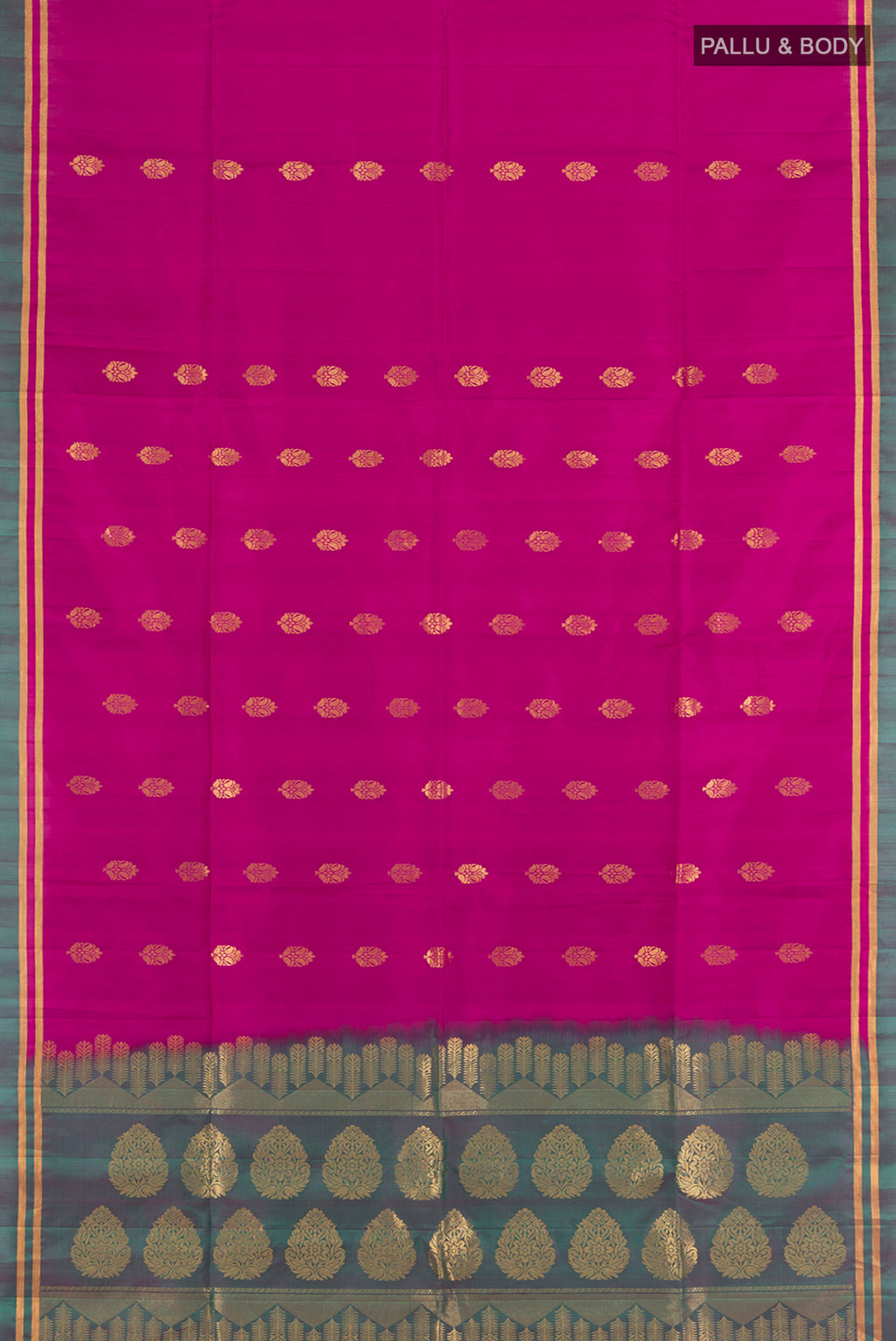 Flat view of Light Magenta Soft Silk Saree with Zari Butta on the body and Plain Border. 