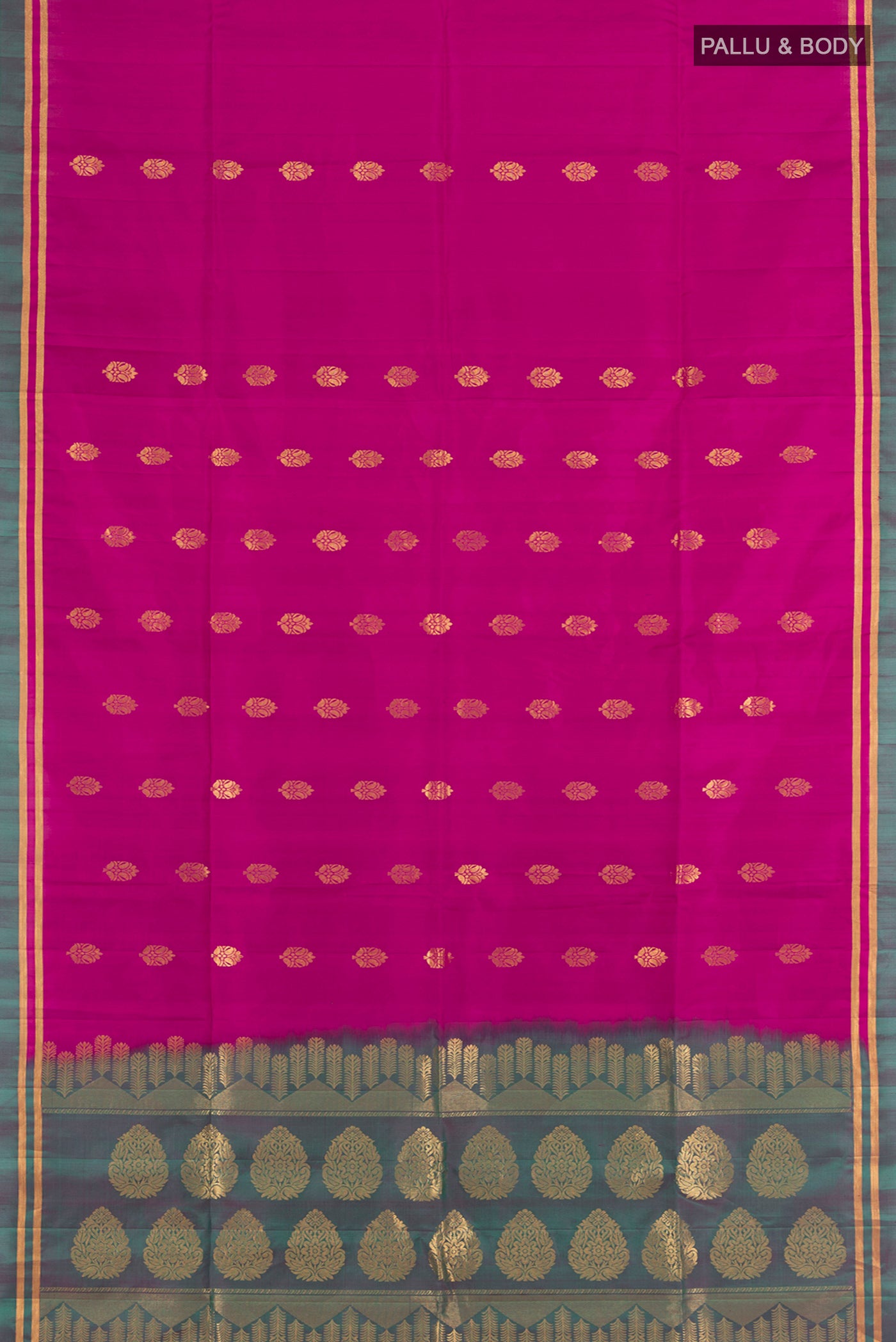 Flat view of Light Magenta Soft Silk Saree with Zari Butta on the body and Plain Border. 