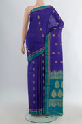 Pure Silk Dark Blue Soft Saree with Zari Butta on the body and Silk Border.  displayed on a mannequin
