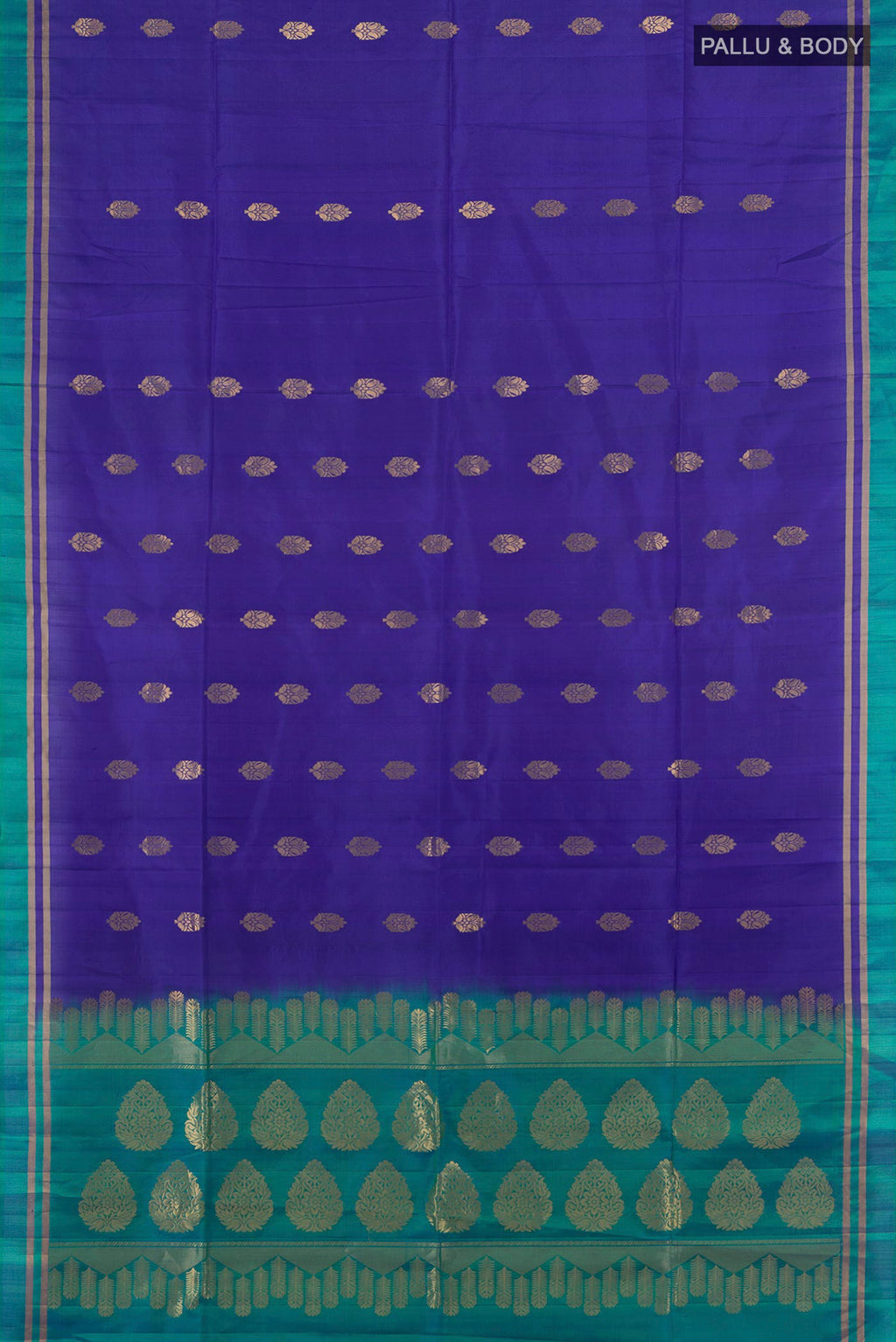 Flat view of Pure Silk Dark Blue Soft Saree with Zari Butta on the body and Silk Border. 