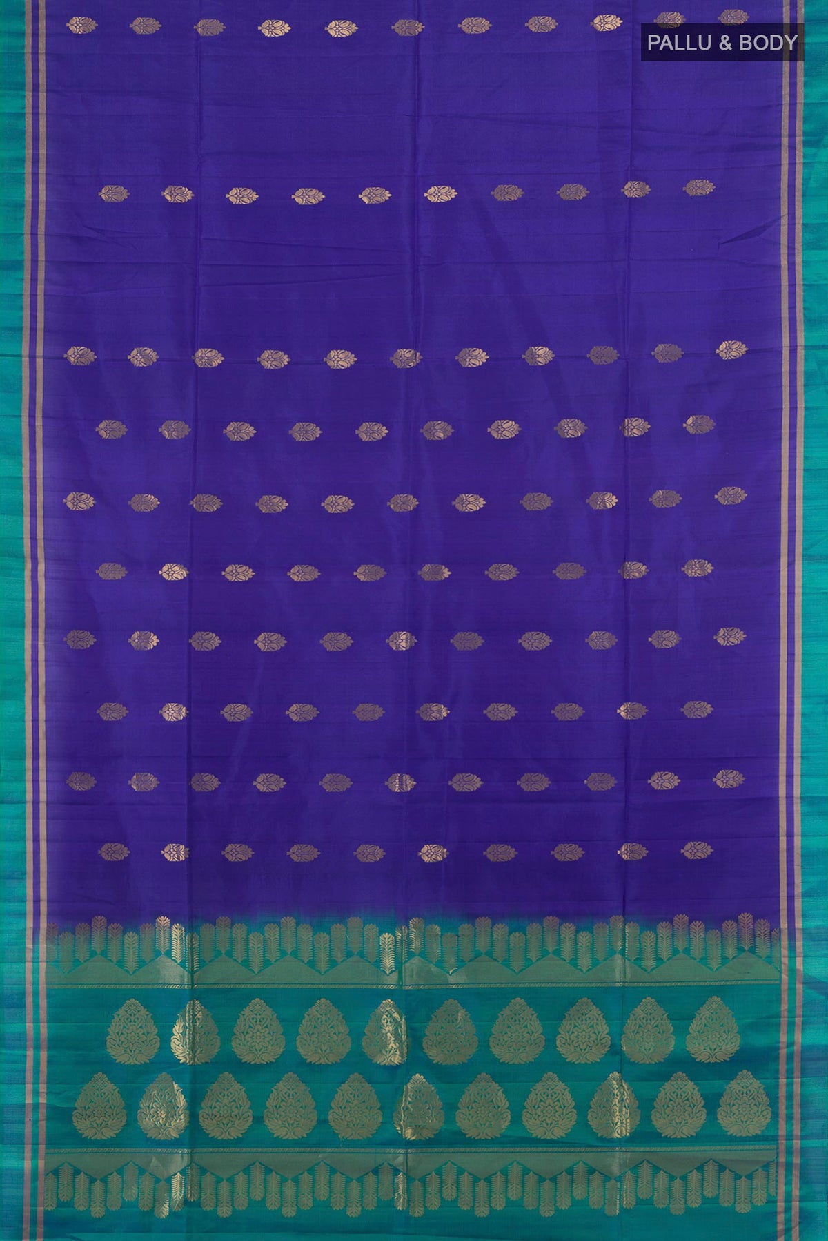 Flat view of Pure Silk Dark Blue Soft Saree with Zari Butta on the body and Silk Border. 