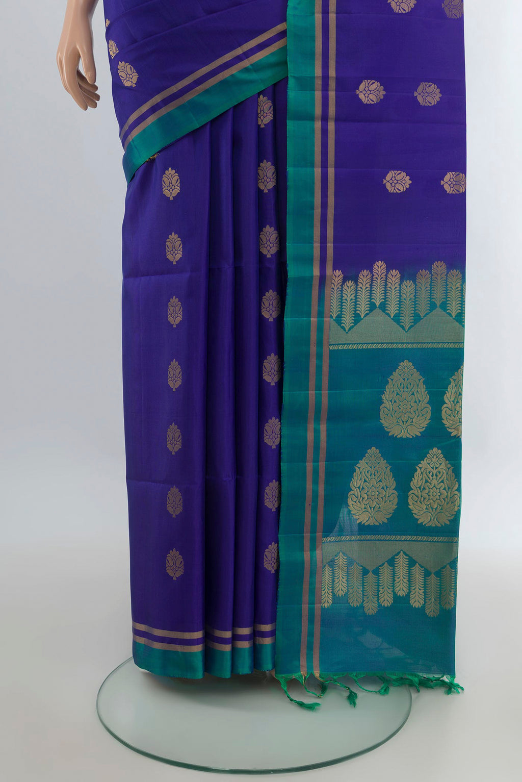 Pleats and pallu of Pure Silk Dark Blue Soft Saree with Zari Butta on the body and Silk Border. 