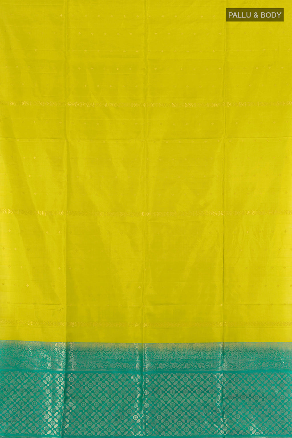 Flat view of Parrot Green Soft Silk Saree with Zari Butta on the body and Without Border. 