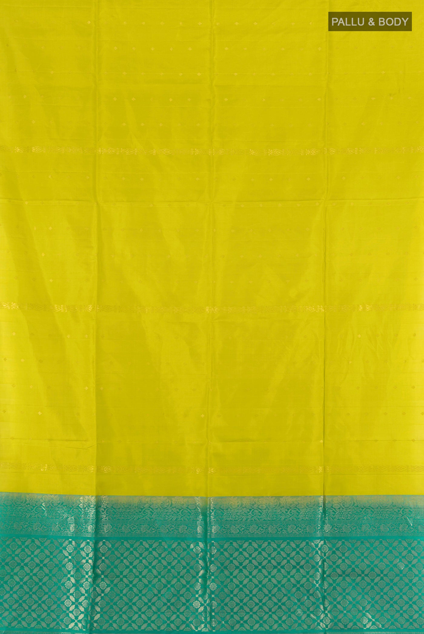 Flat view of Parrot Green Soft Silk Saree with Zari Butta on the body and Without Border. 