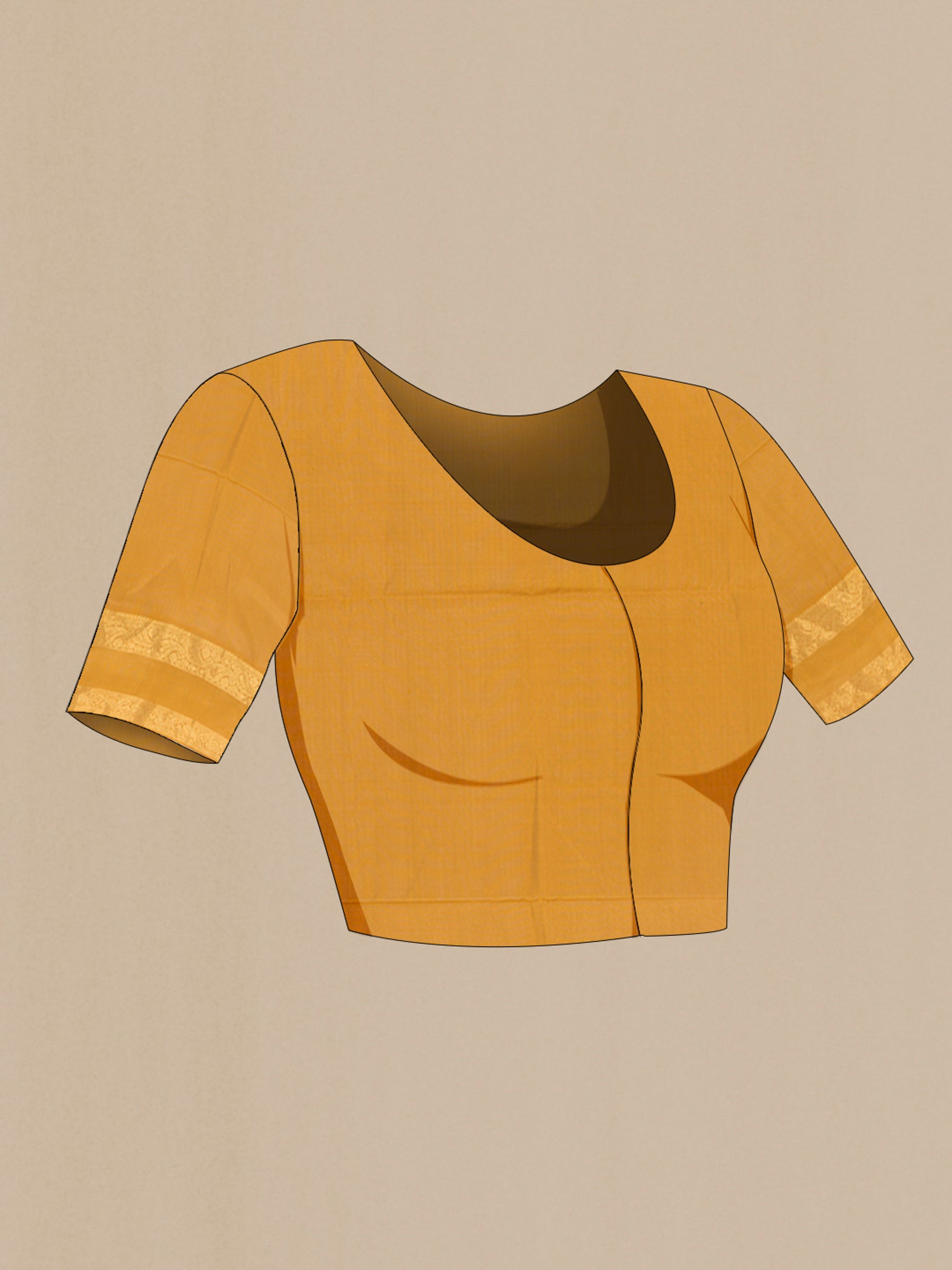 Close up image of the blouse of Beige Soft Silk Saree with Zari Butta on the body and Zari Border. 
