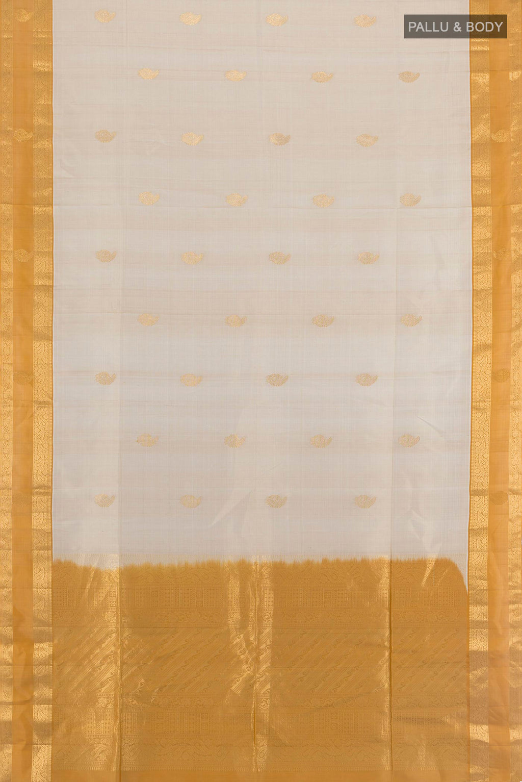 Flat view of Beige Soft Silk Saree with Zari Butta on the body and Zari Border. 