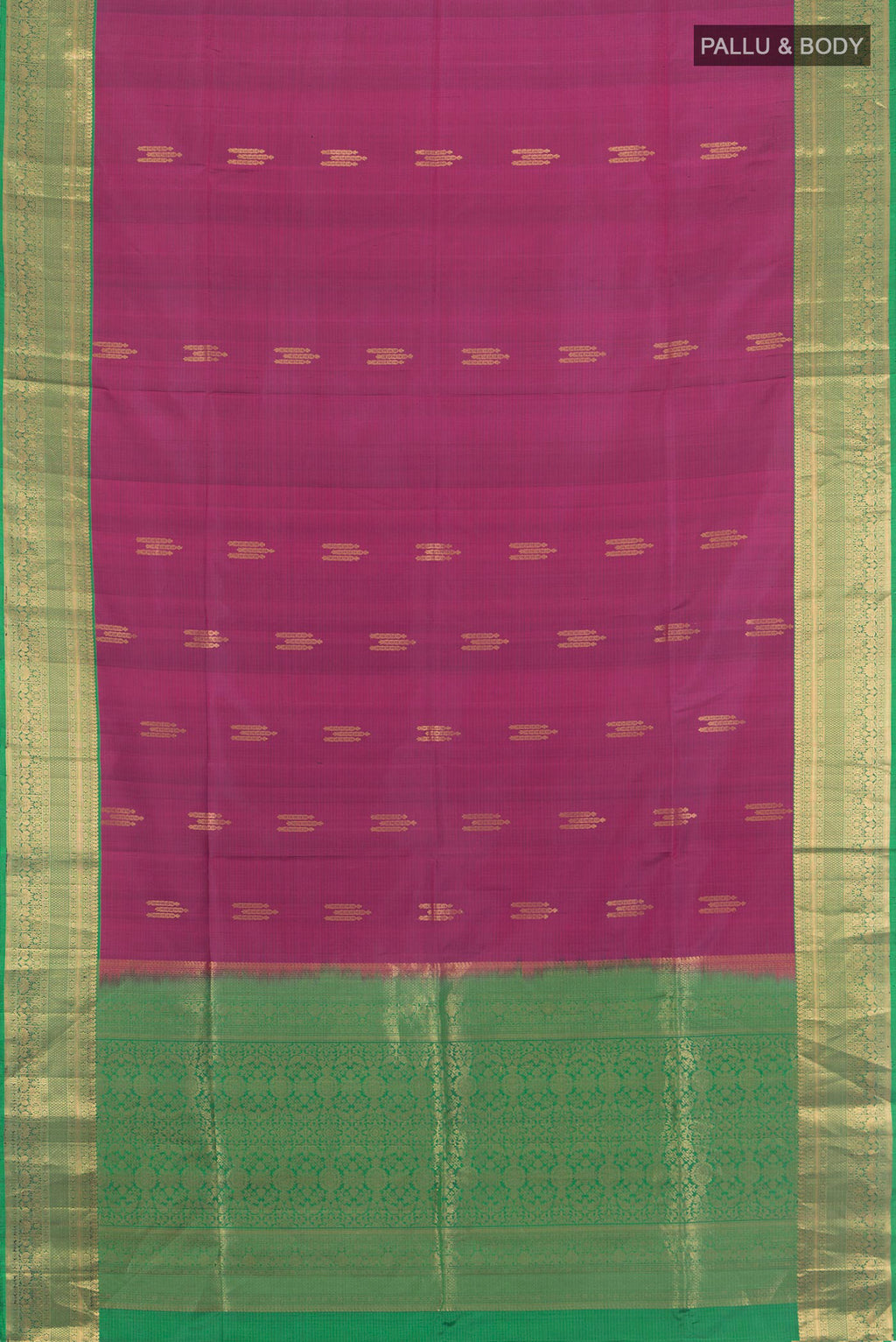 Flat view of Pure Silk Maroon Soft Saree with Zari Butta on the body and Zari Border. 