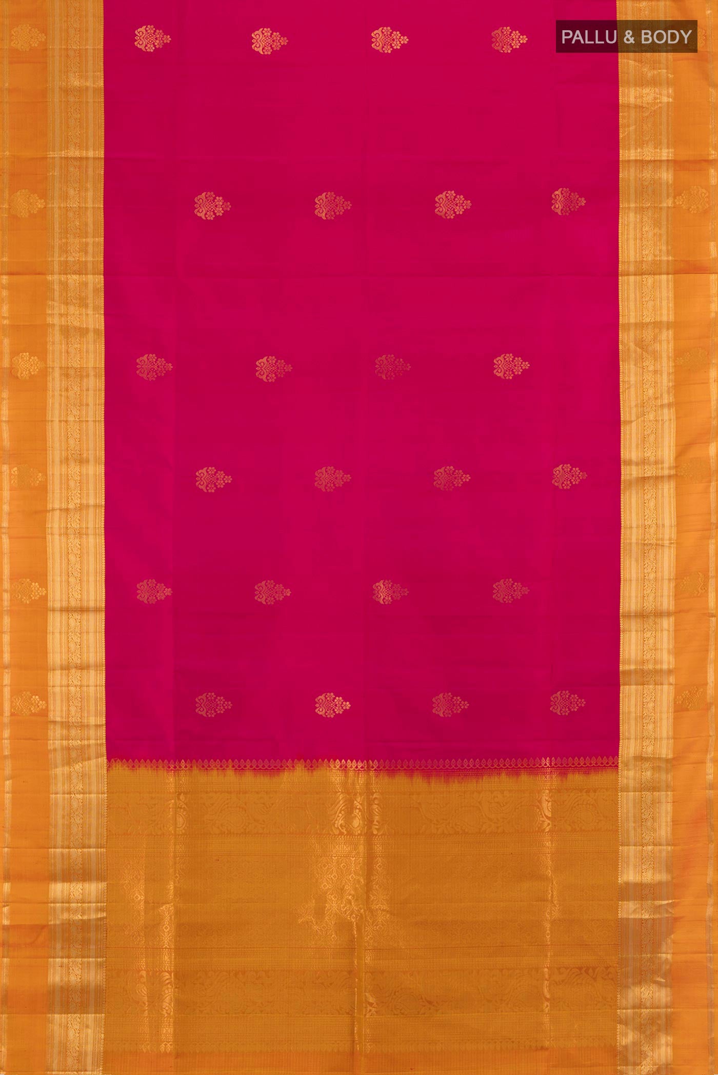 Flat view of Pink Soft Silk Saree with Zari Butta on the body and Zari Border. 