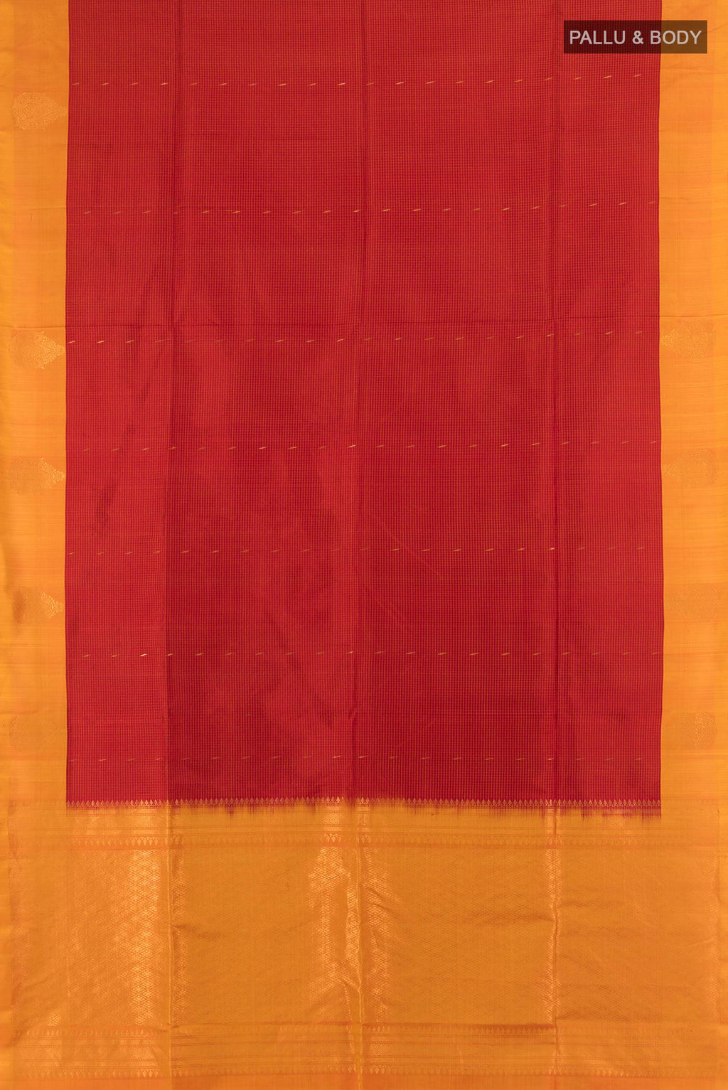 Flat view of Pure Silk Red Soft Saree with Zari Butta on the body and Zari Border. 