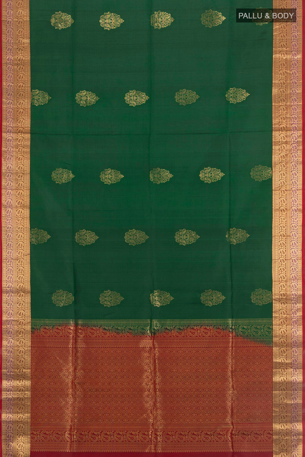 Flat view of Bottle Green Soft Silk Saree with Zari Butta on the body and Zari Border. 