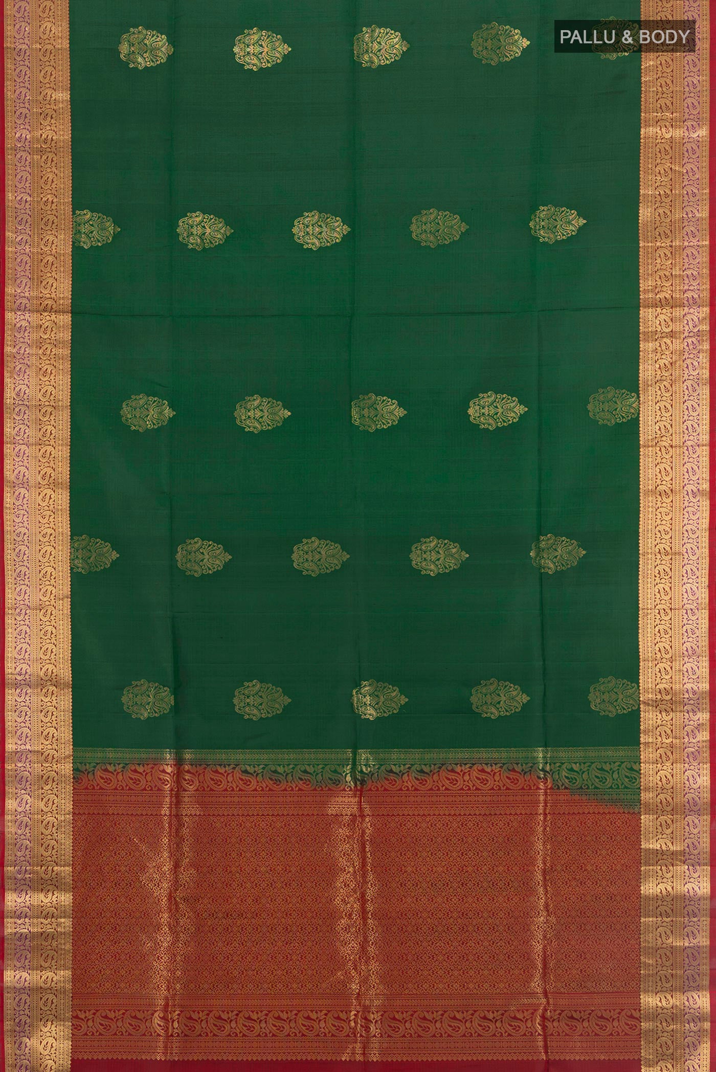 Flat view of Bottle Green Soft Silk Saree with Zari Butta on the body and Zari Border. 
