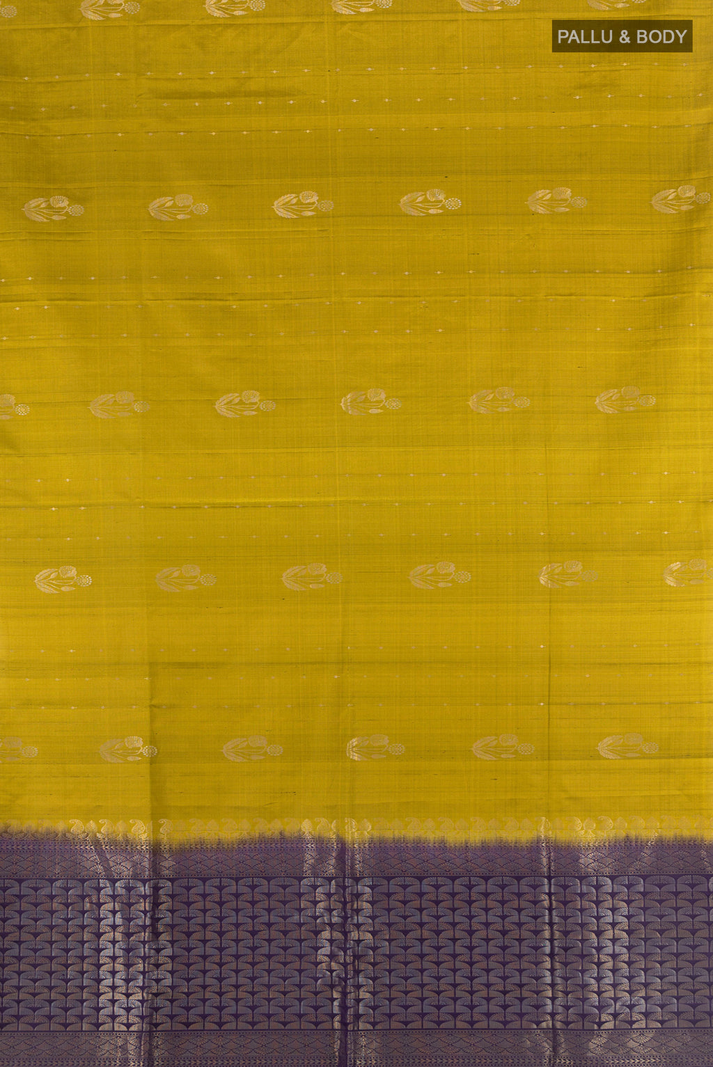 Flat view of Mehandi Green Soft Silk Saree with Zari Butta on the body and Without Border. 