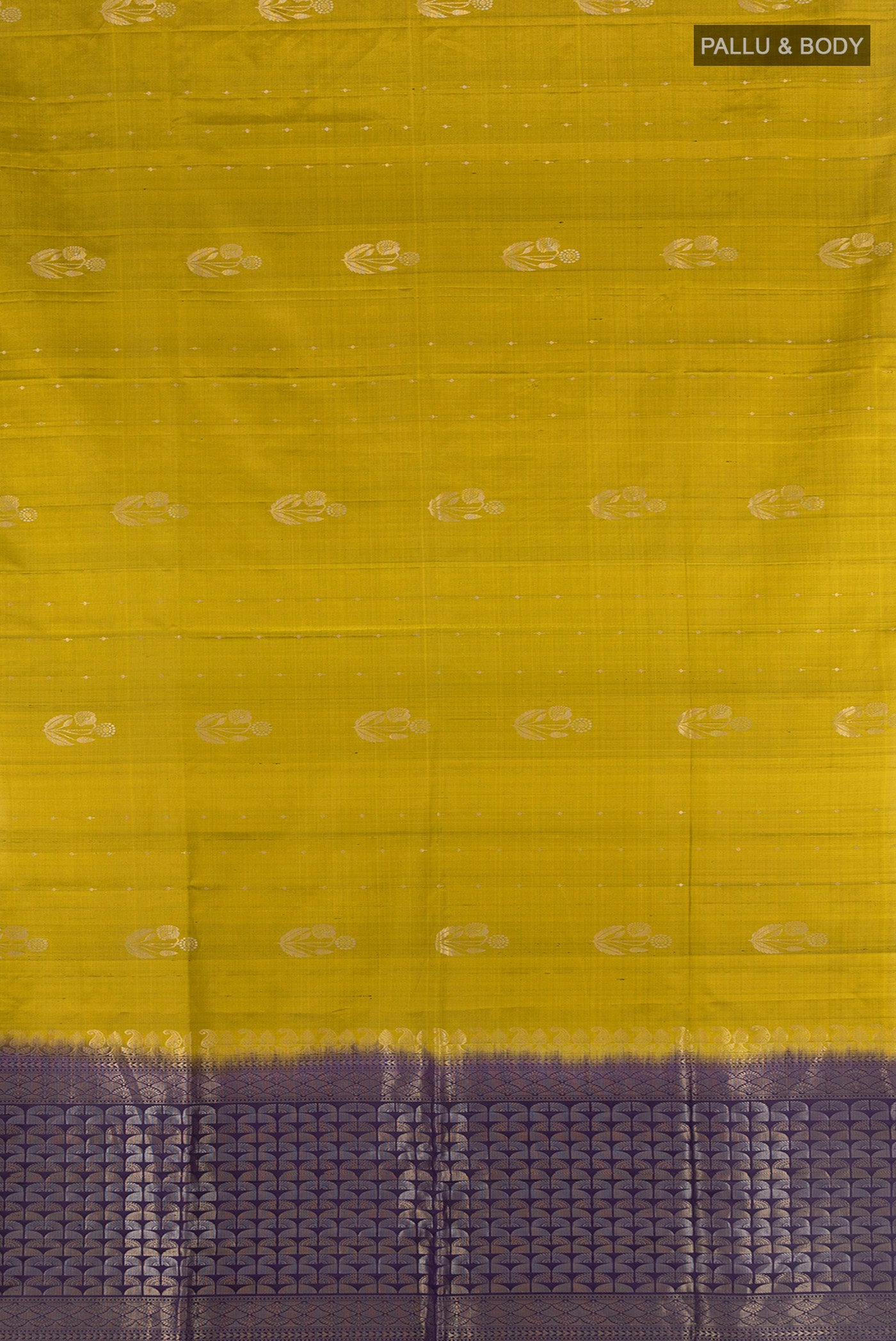 Flat view of Mehandi Green Soft Silk Saree with Zari Butta on the body and Without Border. 