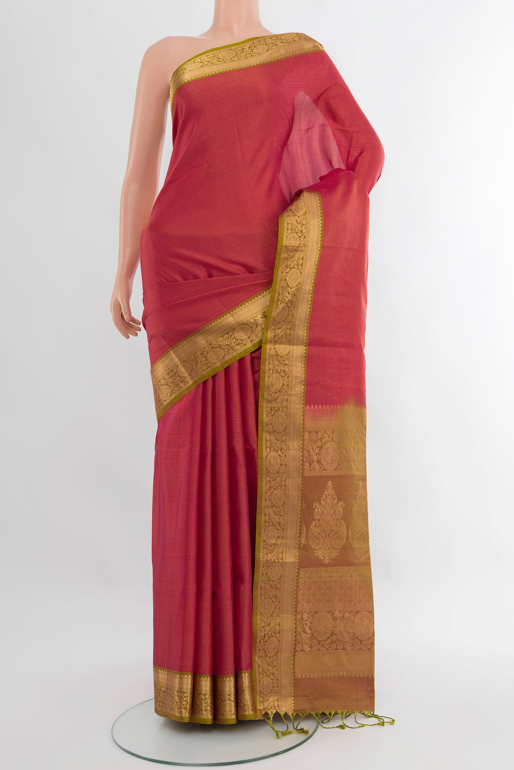 Pink Soft Silk Saree with Jacquard design on the body and Zari Border.  displayed on a mannequin