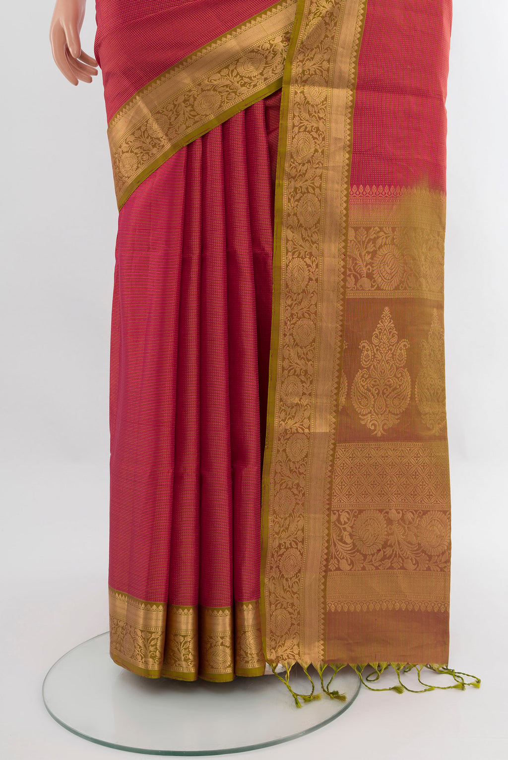 Pleats and pallu of Pink Soft Silk Saree with Jacquard design on the body and Zari Border. 