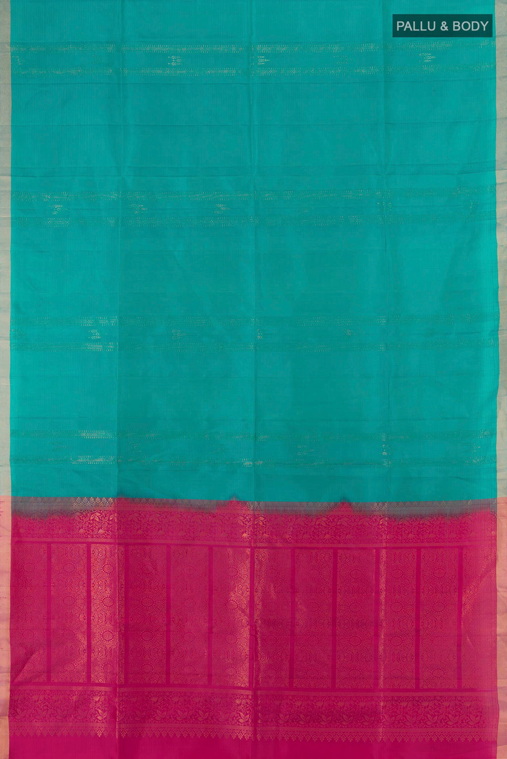 Flat view of Peacock Blue Soft Silk Saree with Stripes on the body and Without Border. 