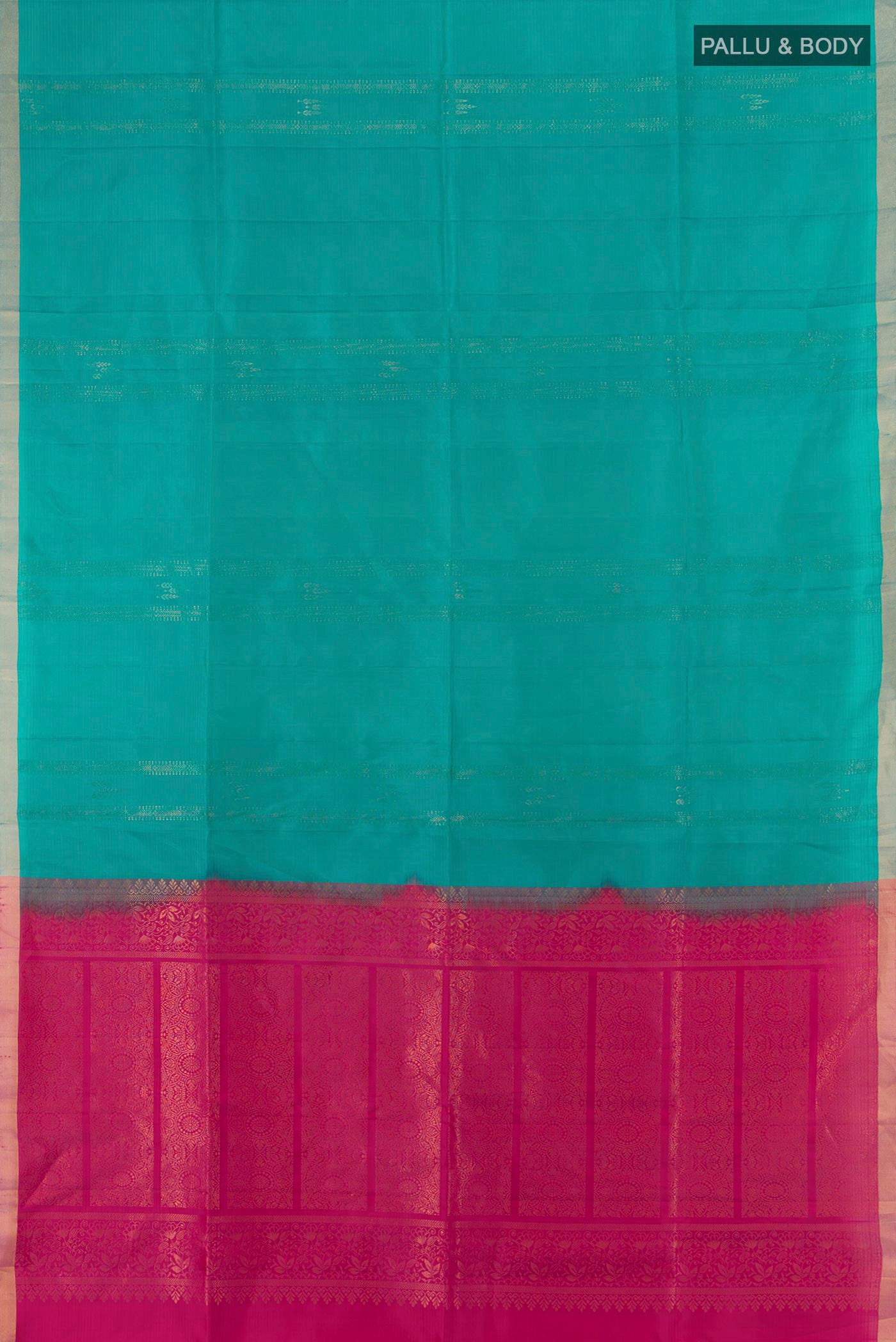 Flat view of Peacock Blue Soft Silk Saree with Stripes on the body and Without Border. 