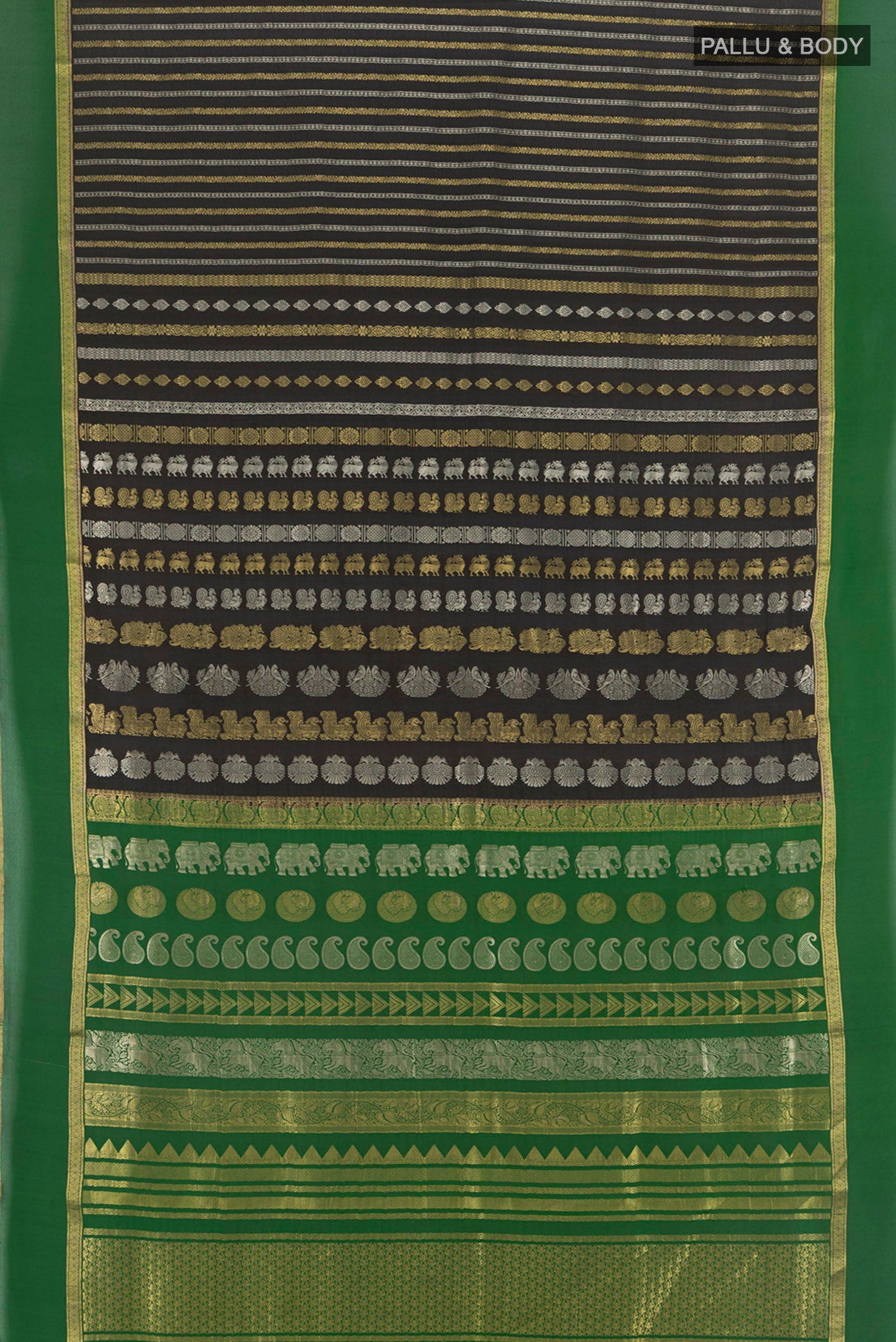 Flat view of Black Georgette Saree with Zari Butta on the body and Silk Border. 