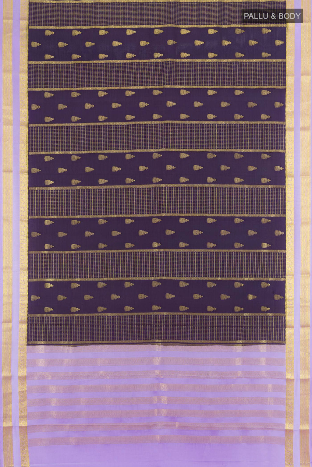 Flat view of Navy Blue Mysore Crepe Saree with Zari Butta on the body and Zari Border. 