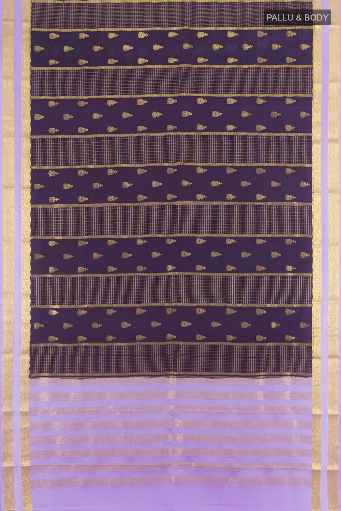 Flat view of Navy Blue Mysore Crepe Saree with Zari Butta on the body and Zari Border. 