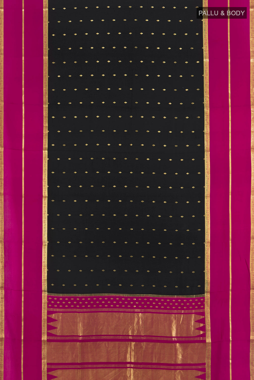 Flat view of Black Mysore Crepe Saree with Zari Butta on the body and Silk Border. 