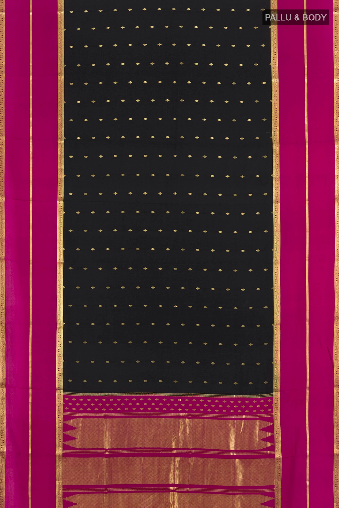 Flat view of Black Mysore Crepe Saree with Zari Butta on the body and Silk Border. 