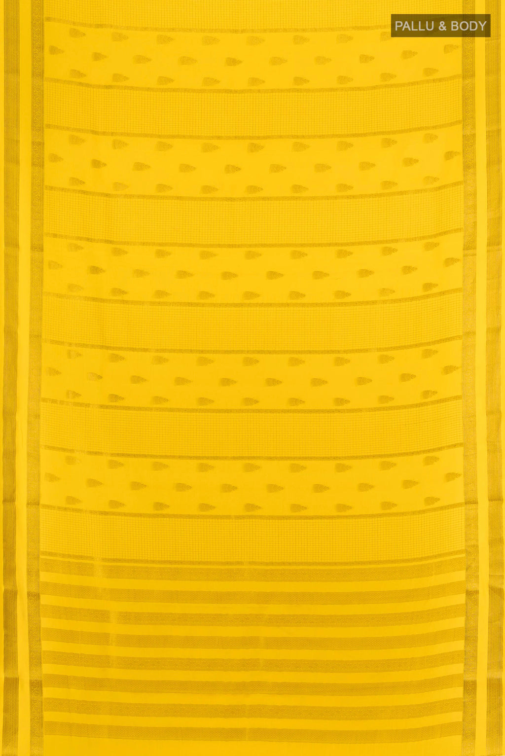 Flat view of Yellow Mysore Crepe Saree with Zari Butta on the body and Zari Border. 