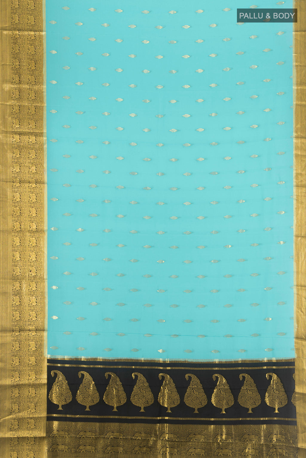Flat view of Sky Blue Mysore Crepe Saree with Zari Butta on the body and Zari Border. 