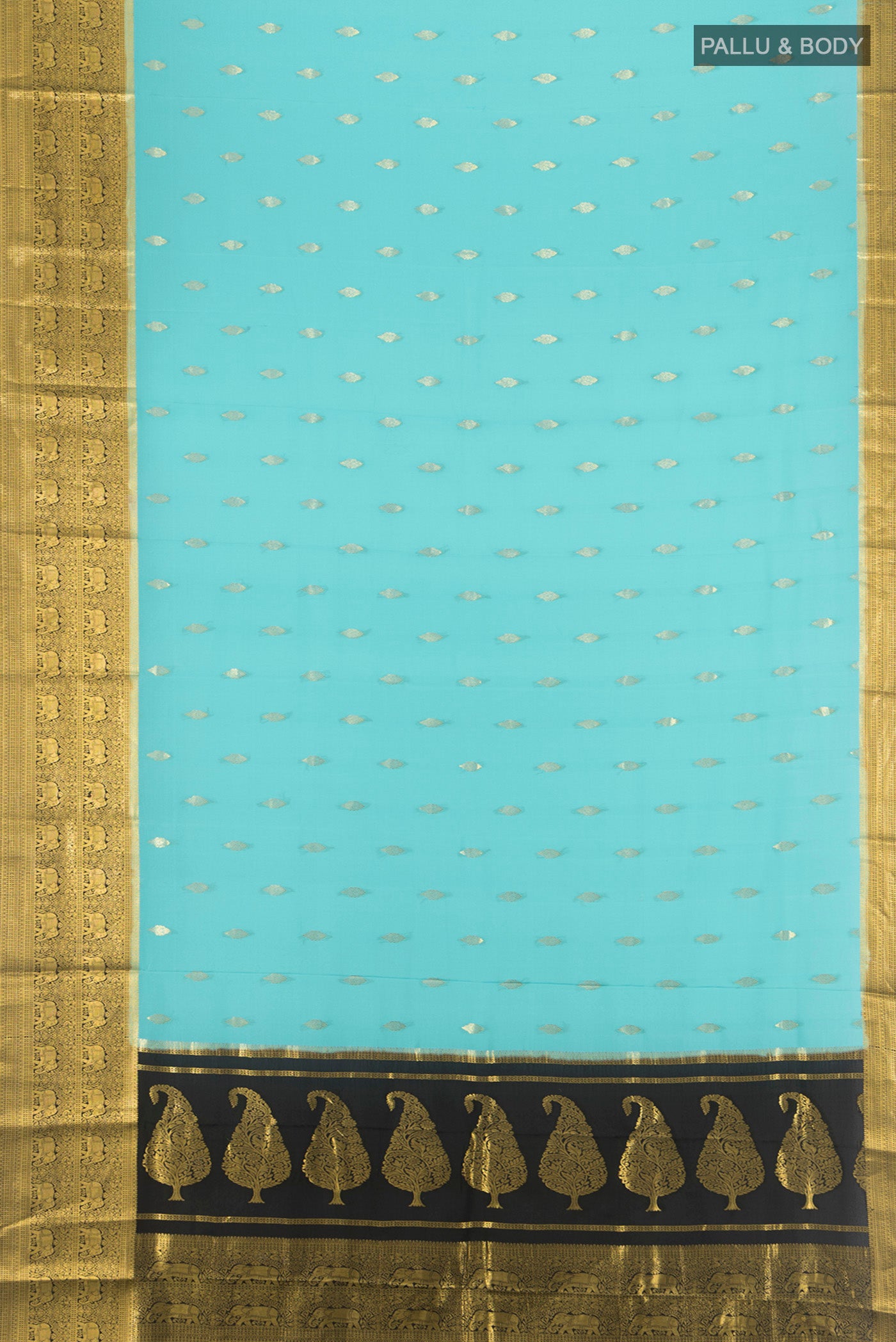 Flat view of Sky Blue Mysore Crepe Saree with Zari Butta on the body and Zari Border. 