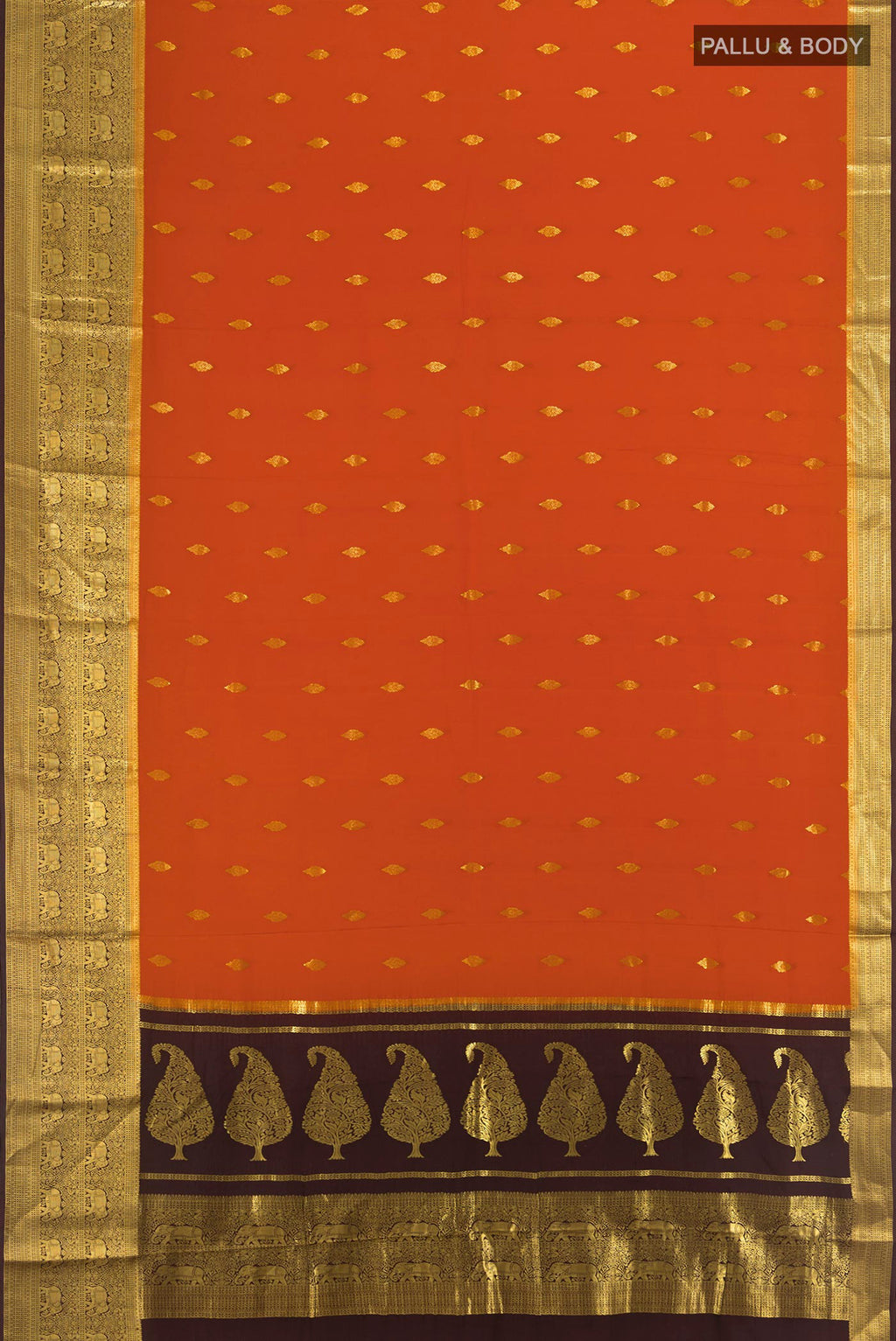 Flat view of Brick Orange Mysore Crepe Saree with Zari Butta on the body and Zari Border. 
