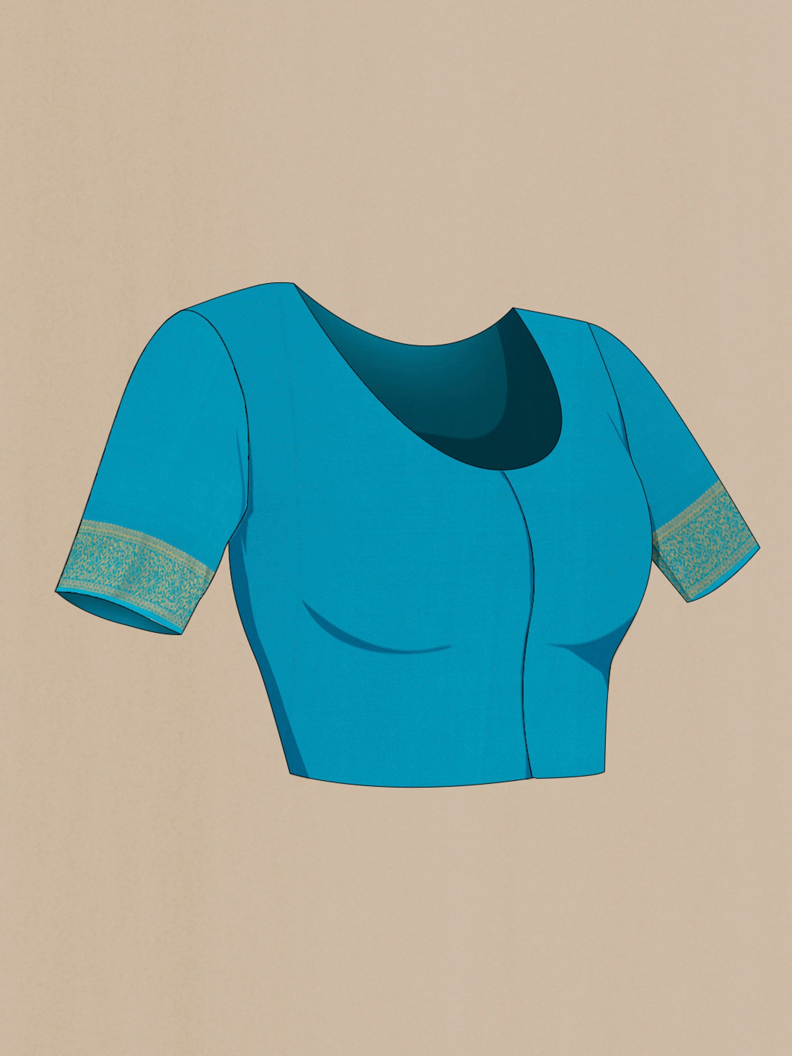 Close up image of the blouse of Navy Blue Mysore Crepe Saree with Zari Butta on the body and Zari Border. 