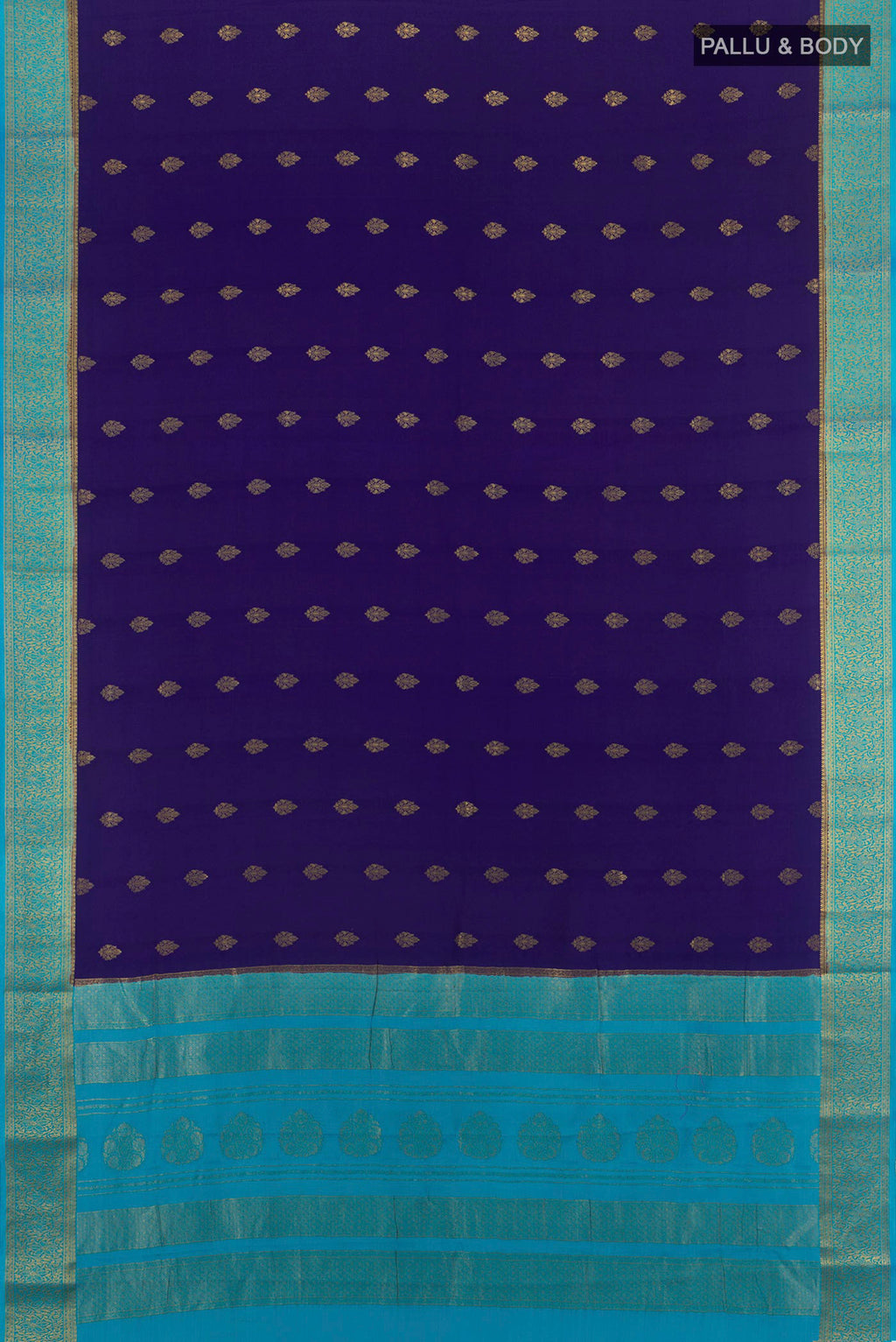 Flat view of Navy Blue Mysore Crepe Saree with Zari Butta on the body and Zari Border. 
