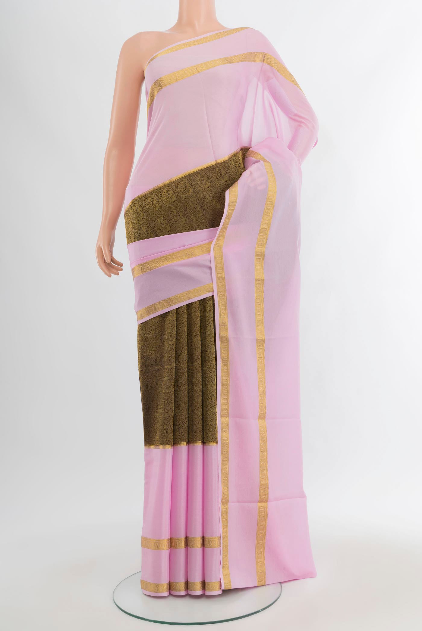 Brown Mysore Crepe Saree with Zari Brocade on the body and Zari Border.  displayed on a mannequin