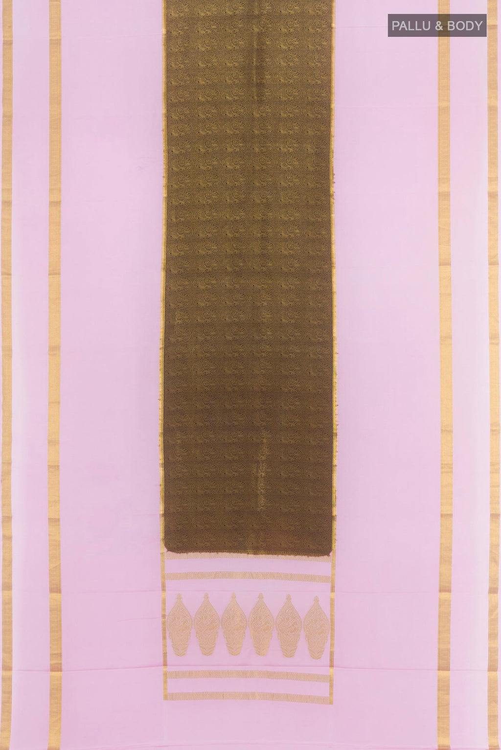 Flat view of Brown Mysore Crepe Saree with Zari Brocade on the body and Zari Border. 