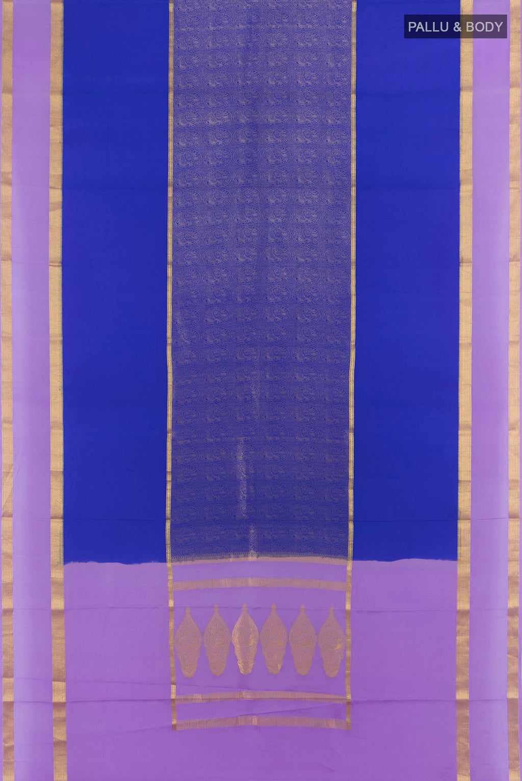 Flat view of Royal Blue Mysore Crepe Saree with Zari Brocade on the body and Zari Border. 