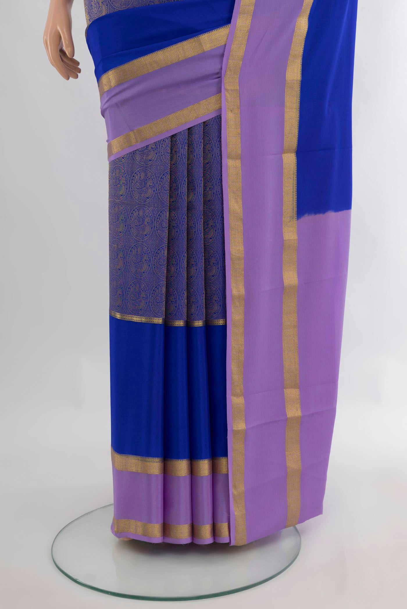 Pleats and pallu of Royal Blue Mysore Crepe Saree with Zari Brocade on the body and Zari Border. 