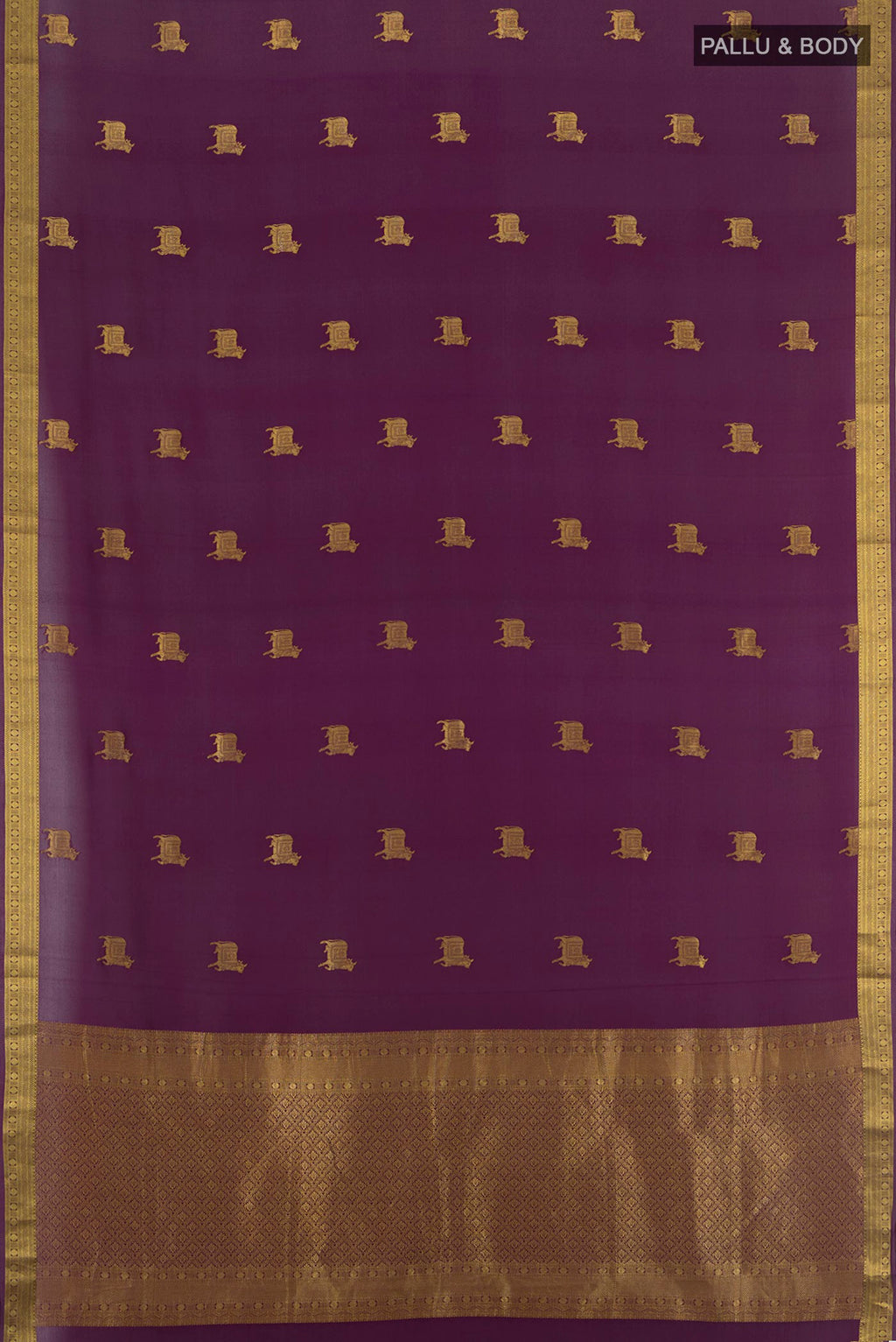 Flat view of Purple Mysore Crepe Saree with Zari Butta on the body and Zari Border. 
