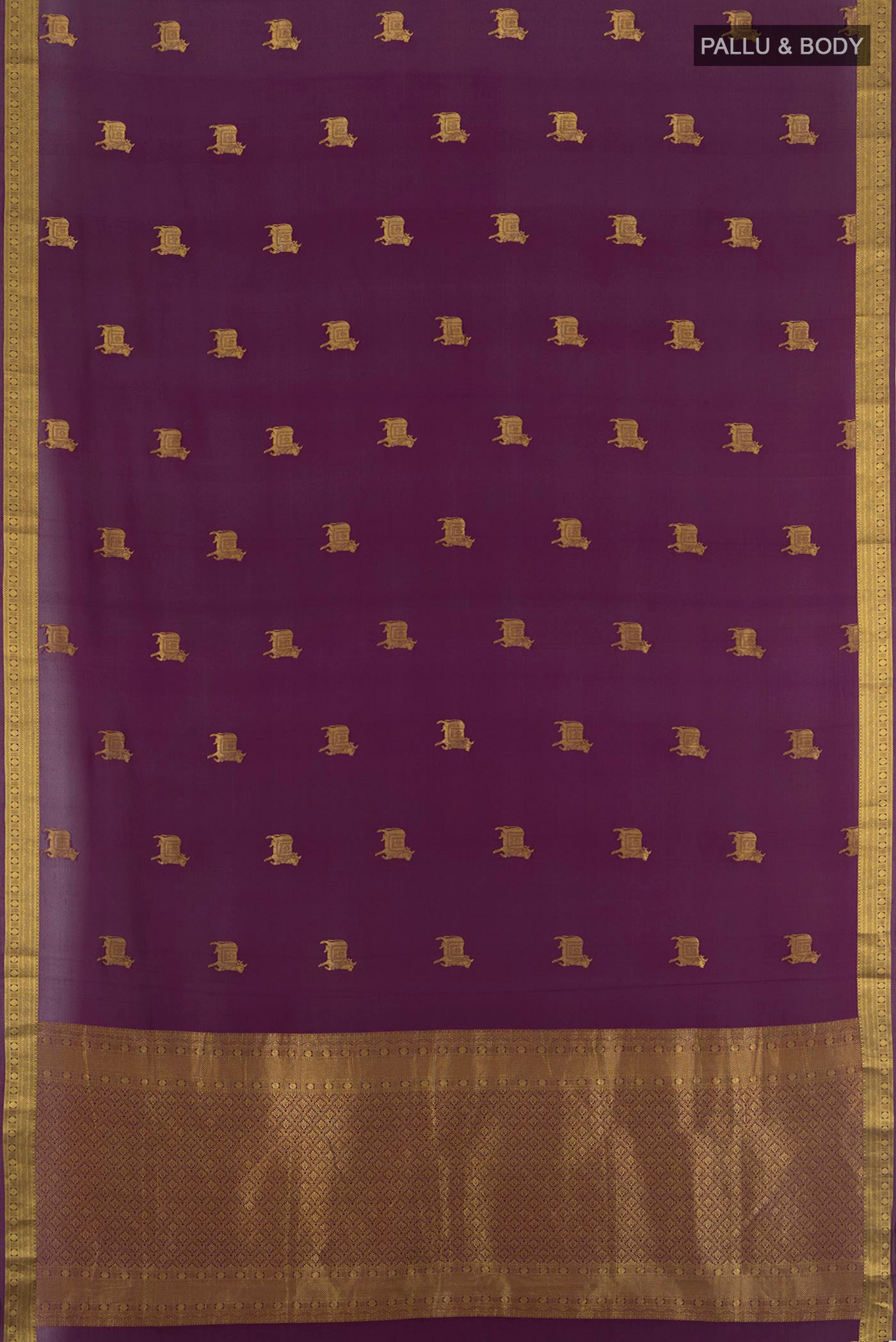 Flat view of Purple Mysore Crepe Saree with Zari Butta on the body and Zari Border. 