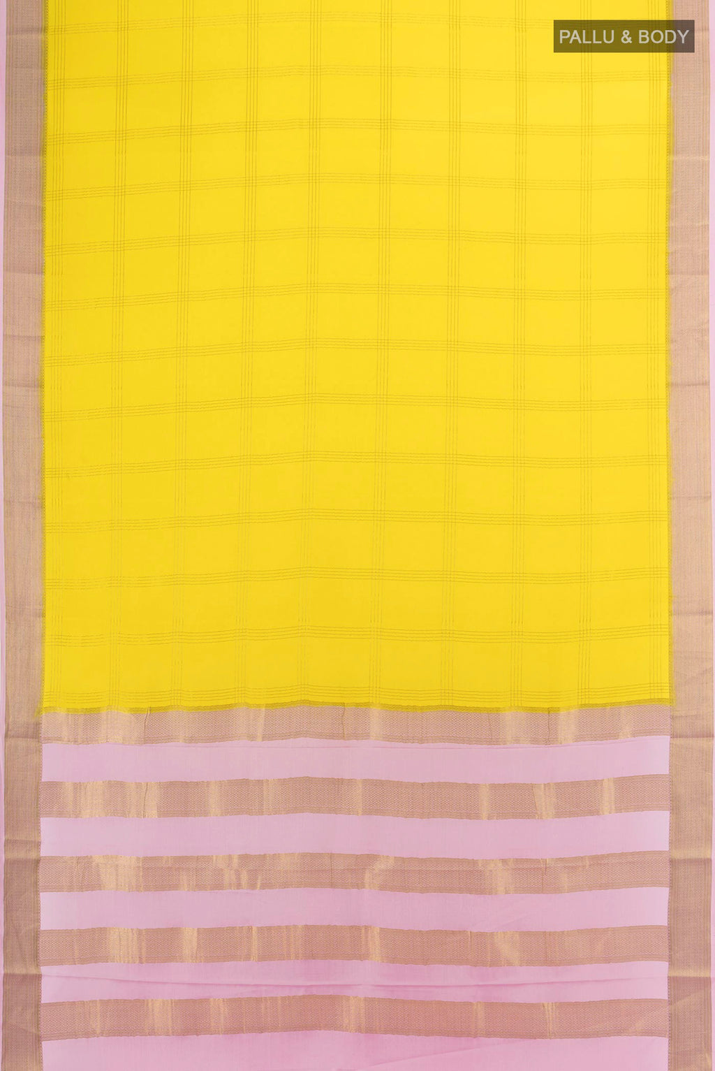 Flat view of Lemon Yellow Mysore Crepe Saree with Checked design on the body and Zari Border. 
