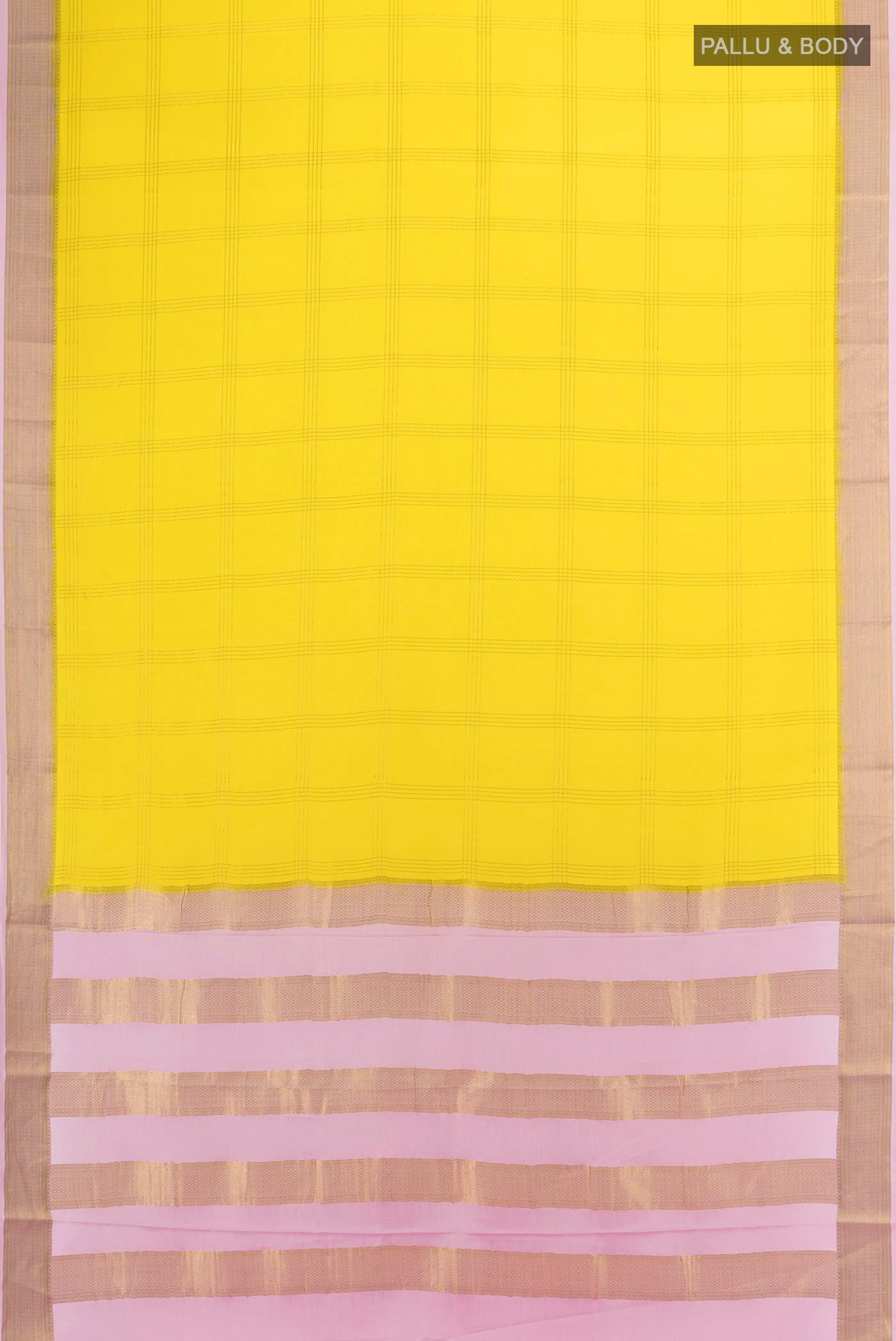 Flat view of Lemon Yellow Mysore Crepe Saree with Checked design on the body and Zari Border. 