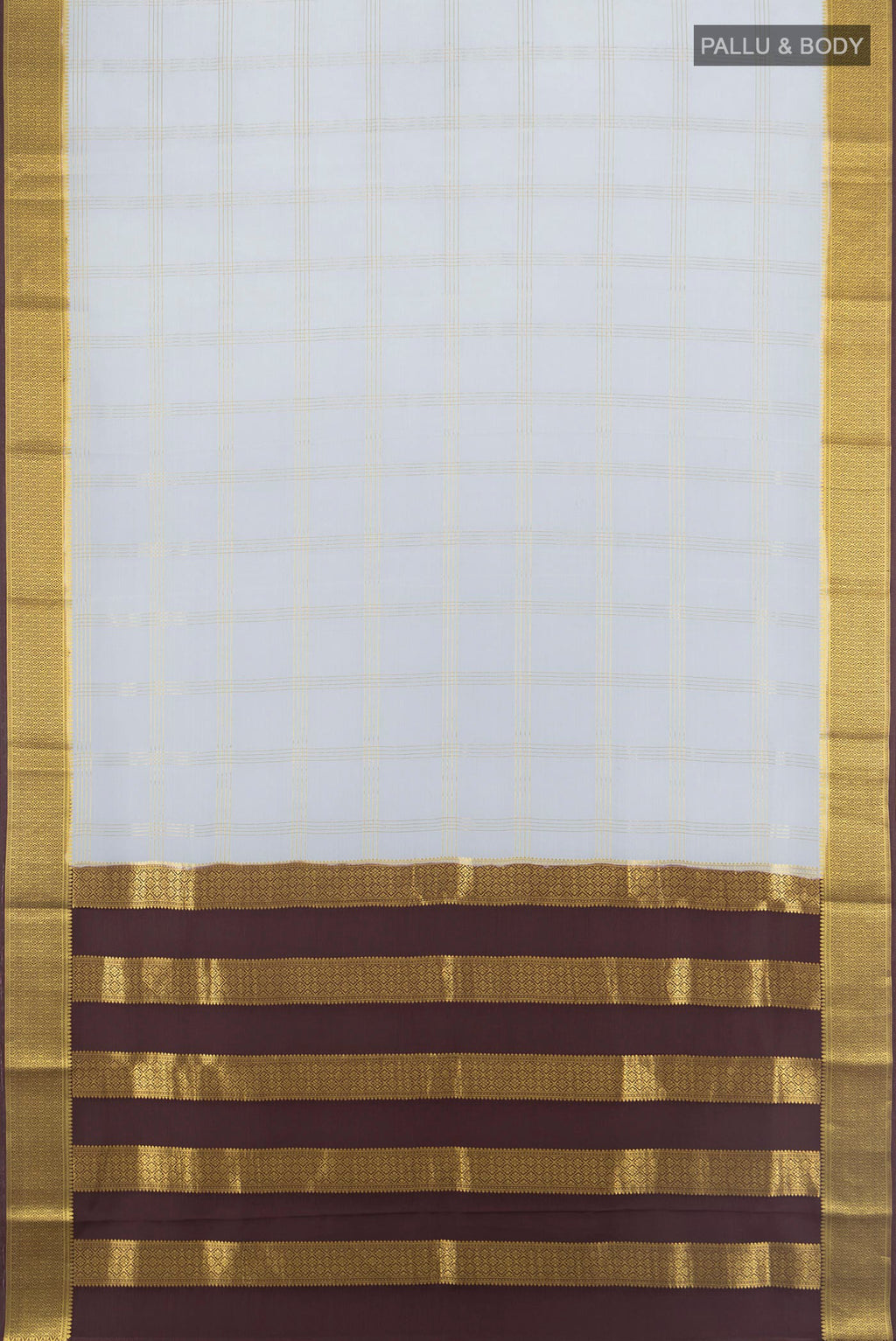 Flat view of Lilac Mysore Crepe Saree with Checked design on the body and Zari Border. 