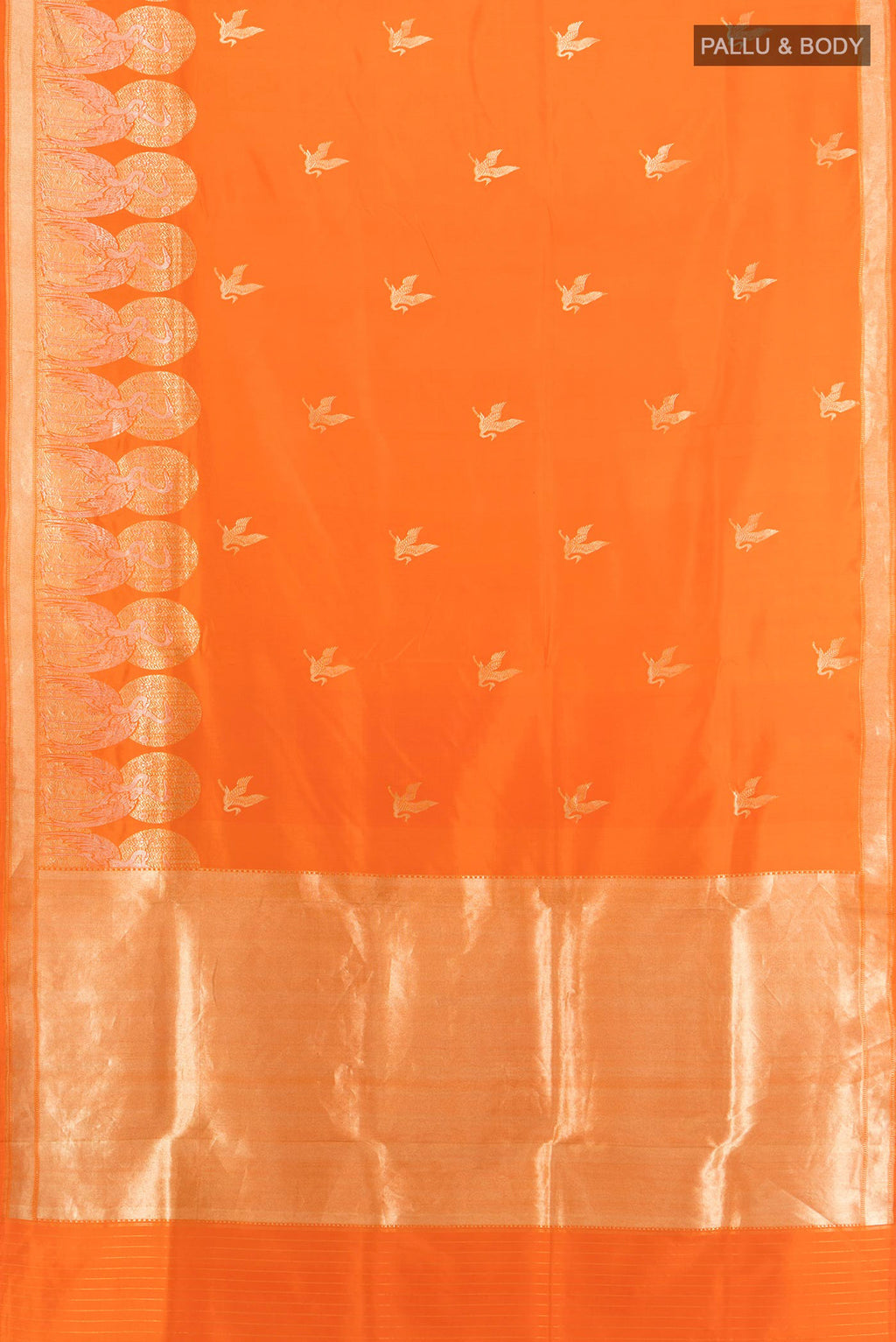 Flat view of Orange Banarasi Silk Saree with Zari Butta on the body and Fancy Border. 