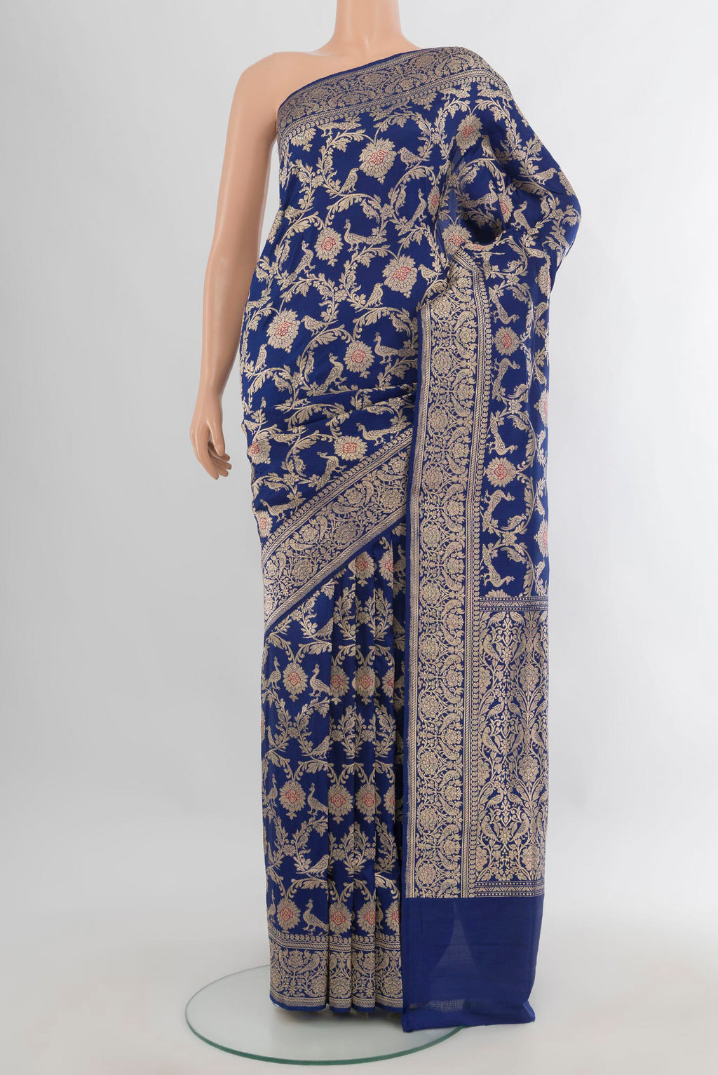 Pure Silk Blue Banarasi Saree with Zari Brocade on the body and Zari Border.  displayed on a mannequin