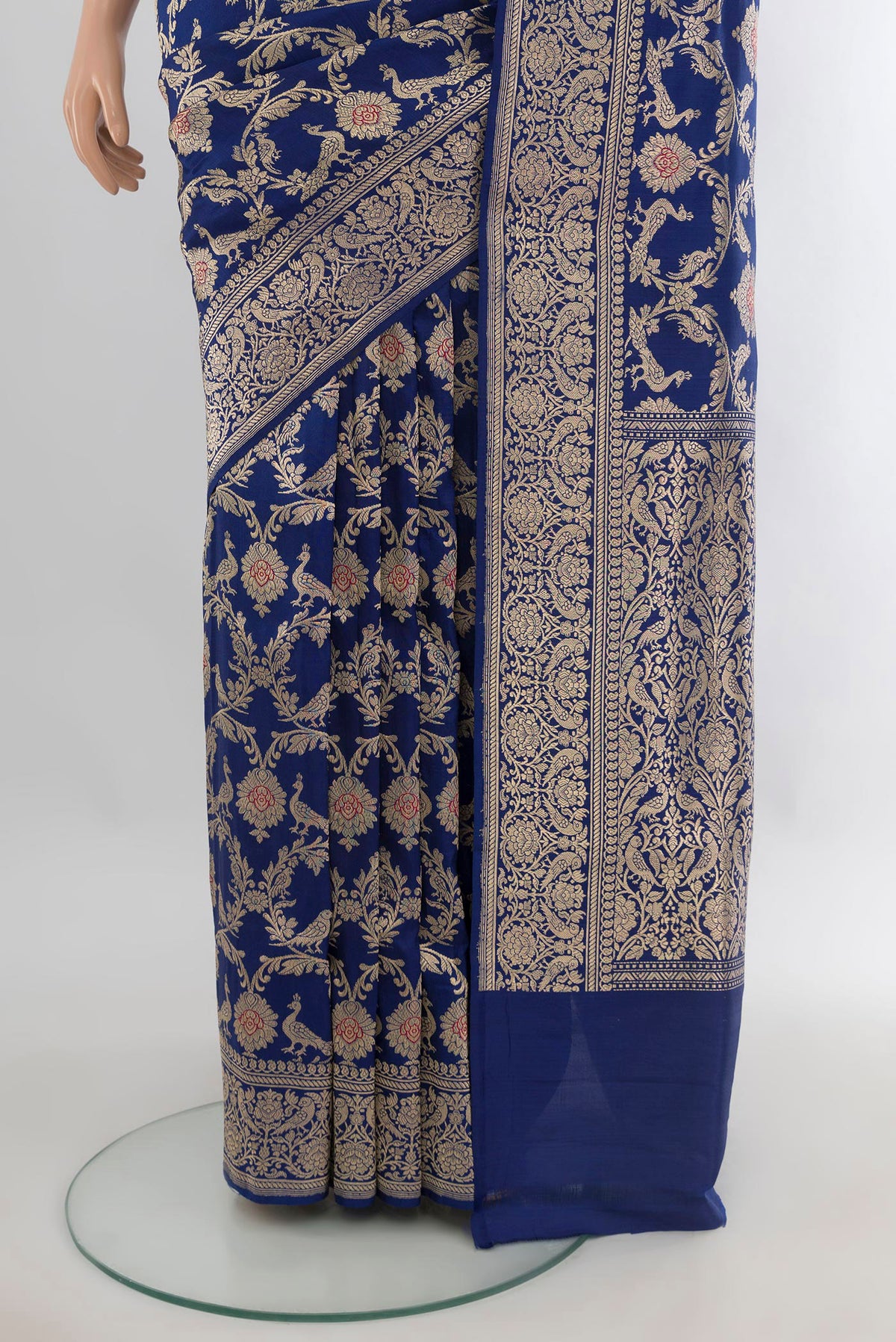 Pleats and pallu of Pure Silk Blue Banarasi Saree with Zari Brocade on the body and Zari Border. 
