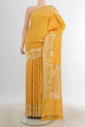 Pure Silk Yellow Banarasi Katan Saree with Zari Butta on the body and Zari Border.  displayed on a mannequin