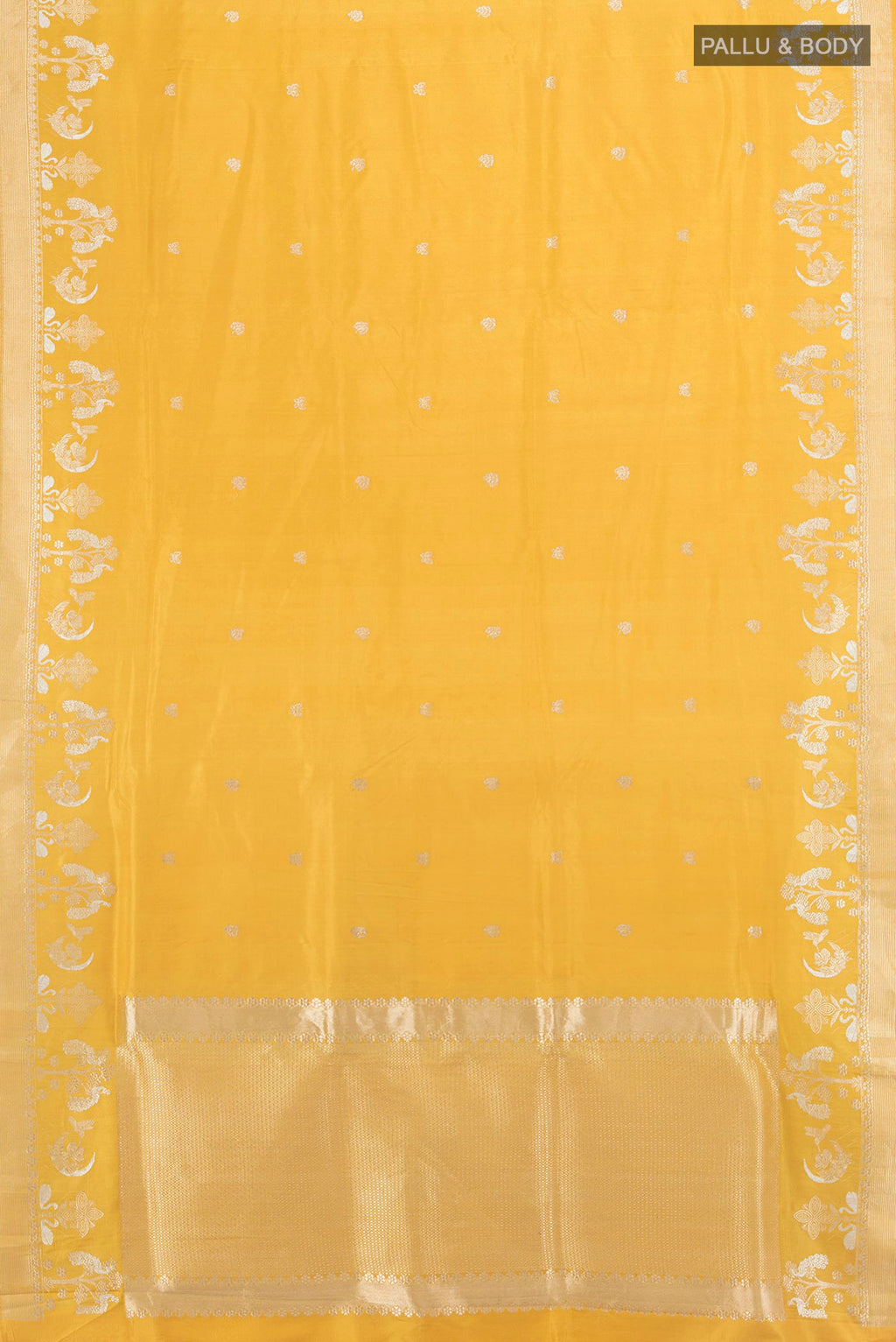 Flat view of Pure Silk Yellow Banarasi Katan Saree with Zari Butta on the body and Zari Border. 