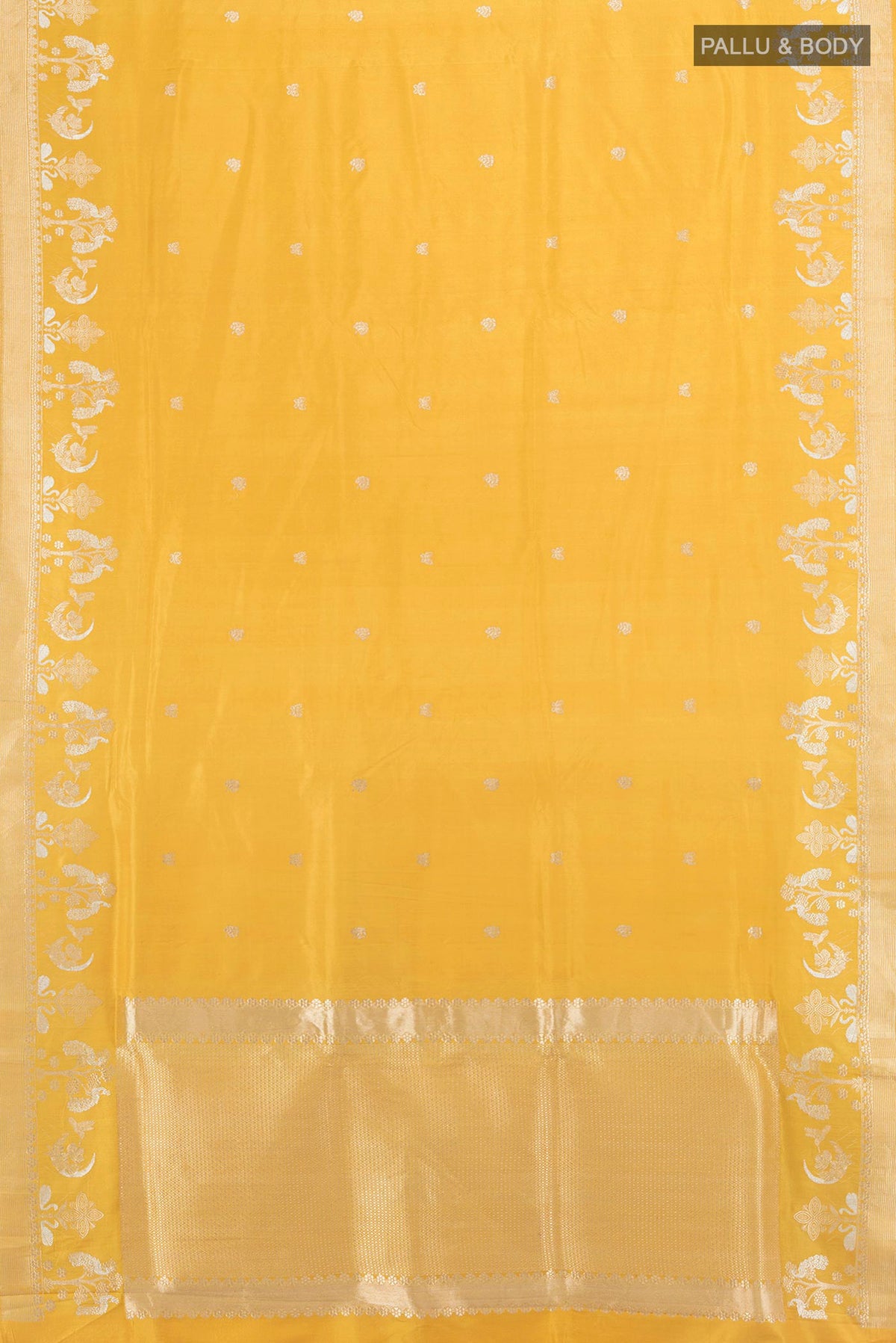 Flat view of Pure Silk Yellow Banarasi Katan Saree with Zari Butta on the body and Zari Border. 