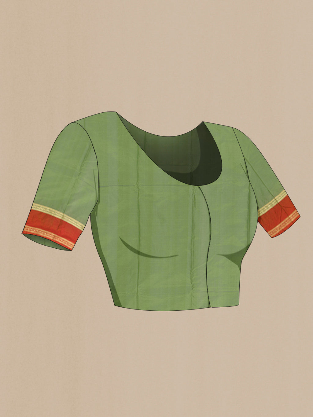 Close up image of the blouse of Light Green Bangalore Silk Saree with Zari Butta on the body and Zari Border. 
