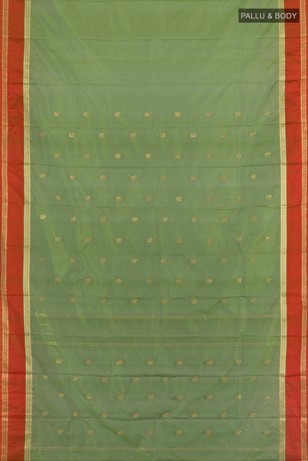 Flat view of Light Green Bangalore Silk Saree with Zari Butta on the body and Zari Border. 